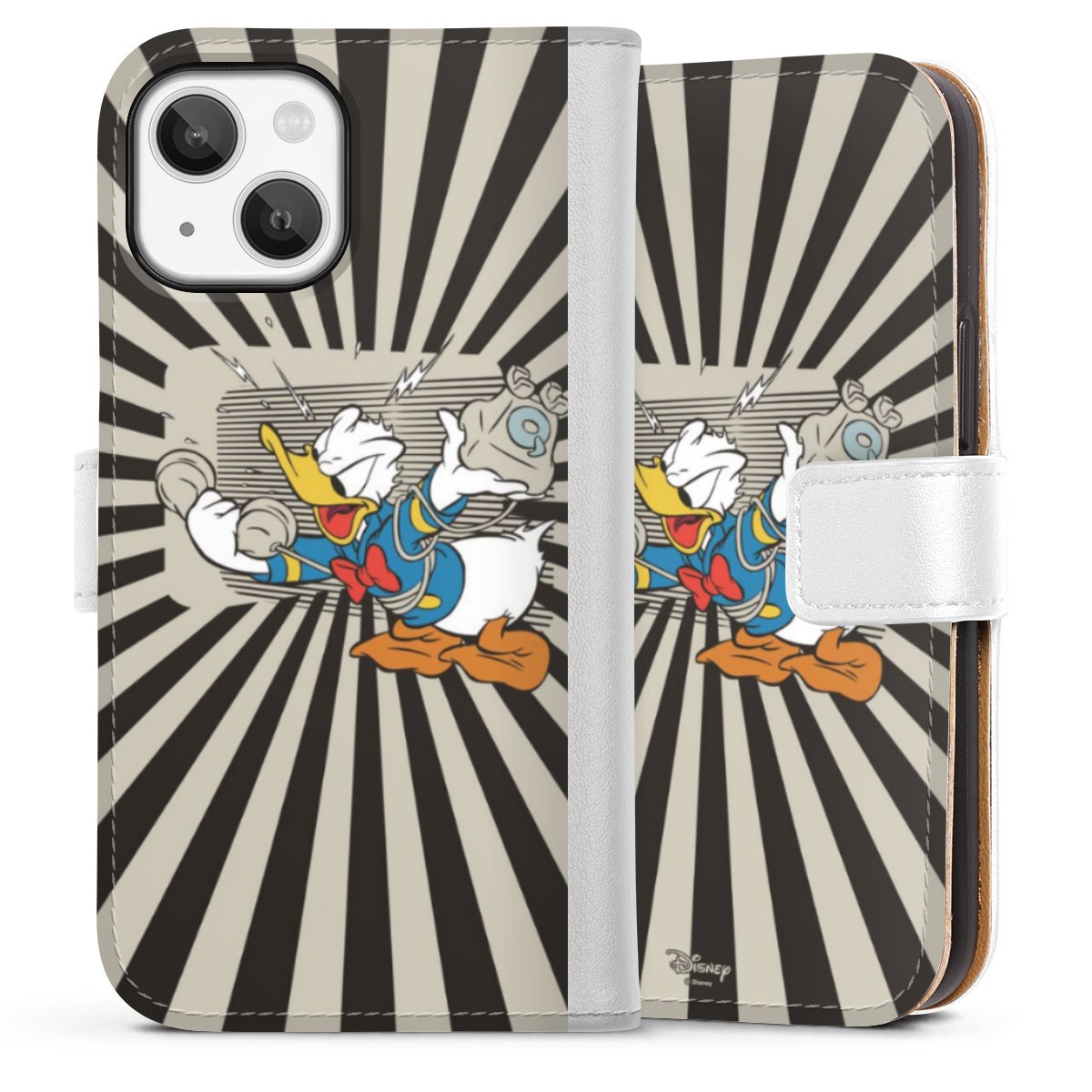 iPhone 13 Mini Handy Klapphülle Handyhülle aus Kunst Leder weiß Flip Case Donald Duck Disney Official Licensed Product Sideflip mit Lasche