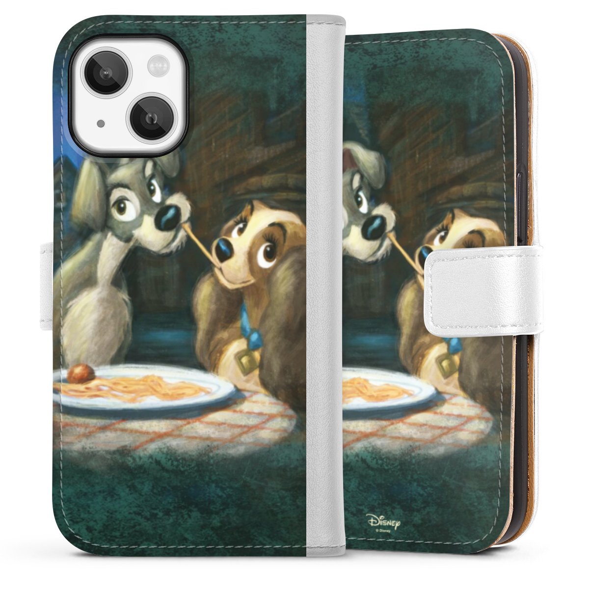 iPhone 13 Mini Handy Klapphülle Handyhülle aus Kunst Leder weiß Flip Case Lady And The Tramp Official Licensed Product Disney Sideflip mit Lasche