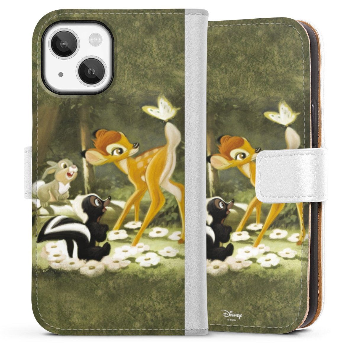 iPhone 13 Mini Handy Klapphülle Handyhülle aus Kunst Leder weiß Flip Case Disney Official Licensed Product Bambi Sideflip mit Lasche