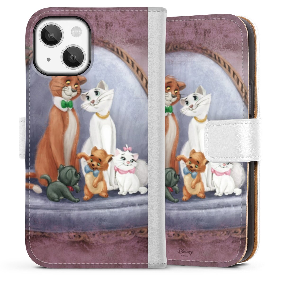 iPhone 13 Mini Handy Klapphülle Handyhülle aus Kunst Leder weiß Flip Case Official Licensed Product Disney Aristocats Sideflip mit Lasche