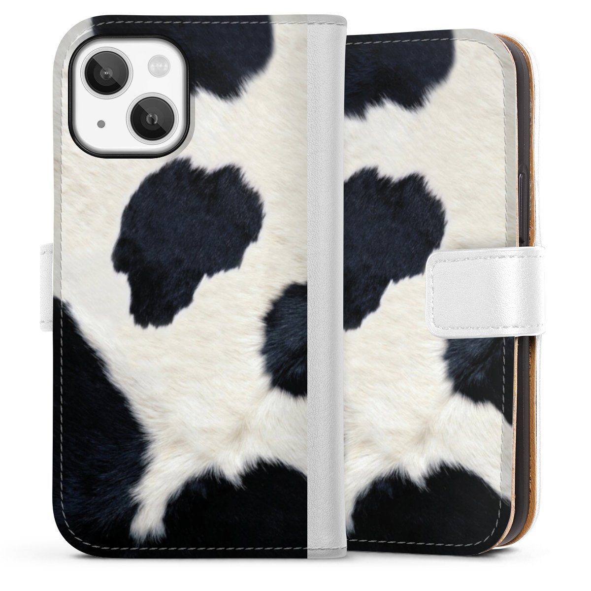 iPhone 13 Mini Handy Klapphülle Handyhülle aus Kunst Leder weiß Flip Case Animal Look Animal Print Cow Skin Sideflip mit Lasche