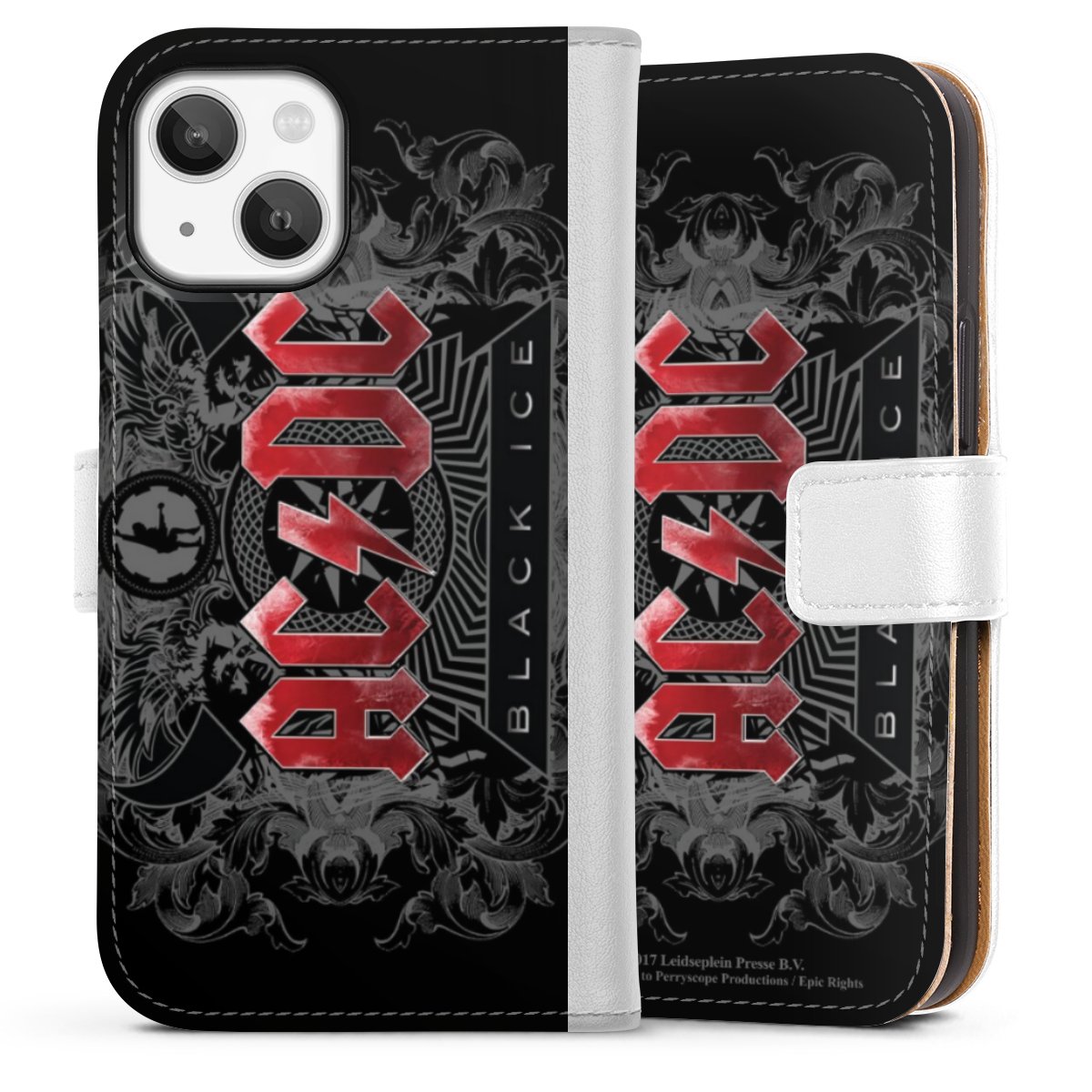 iPhone 13 Mini Handy Klapphülle Handyhülle aus Kunst Leder weiß Flip Case Merchandise Black Ice Acdc Sideflip mit Lasche