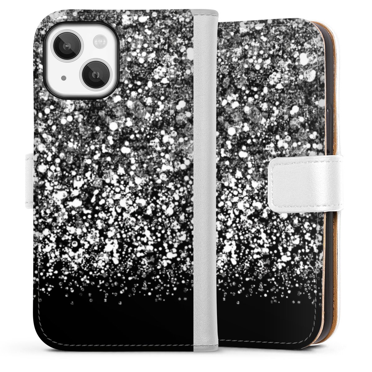 iPhone 13 Mini Handy Klapphülle Handyhülle aus Kunst Leder weiß Flip Case Glitzer Snowflake Muster Sideflip mit Lasche