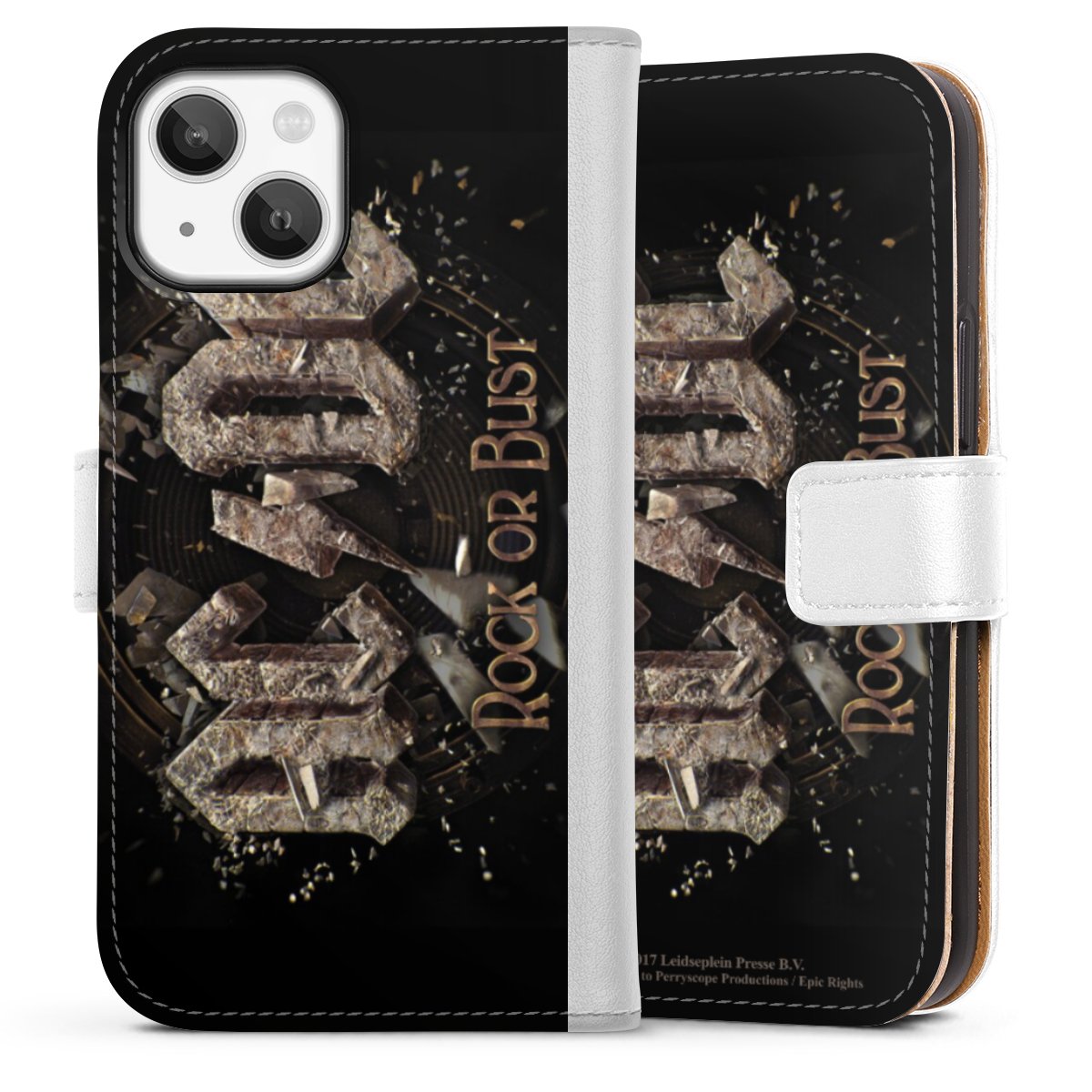 iPhone 13 Mini Handy Klapphülle Handyhülle aus Kunst Leder weiß Flip Case Acdc Official Licensed Product Rock Or Bust Sideflip mit Lasche