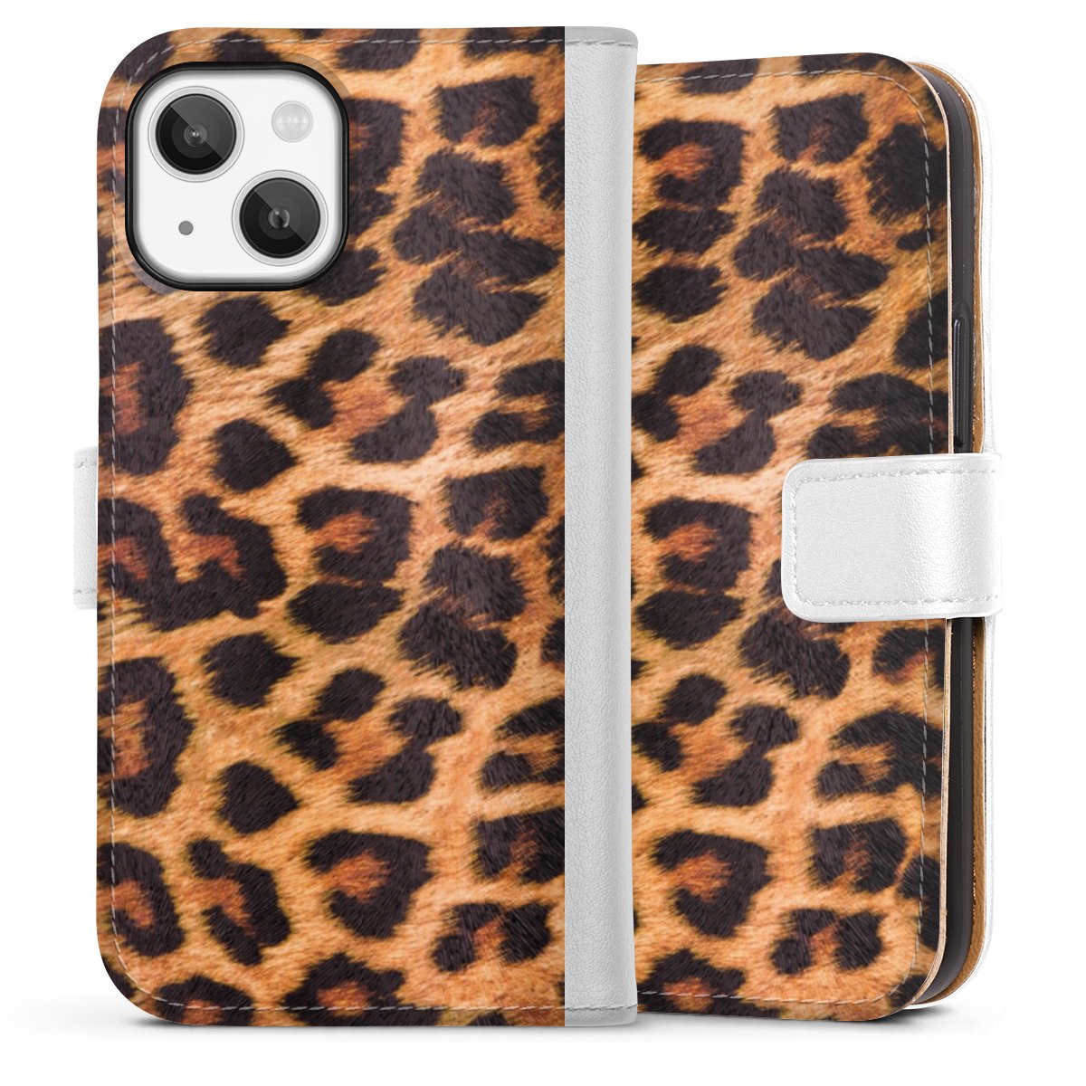 iPhone 13 Mini Handy Klapphülle Handyhülle aus Kunst Leder weiß Flip Case Animal Print Leopard Fur Sideflip mit Lasche