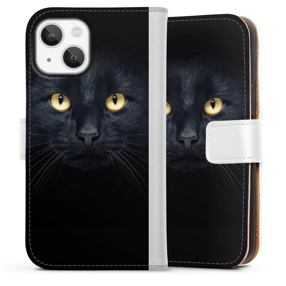 iPhone 13 Mini Handy Klapphülle Handyhülle aus Kunst Leder weiß Flip Case Eye Cat Black Sideflip mit Lasche