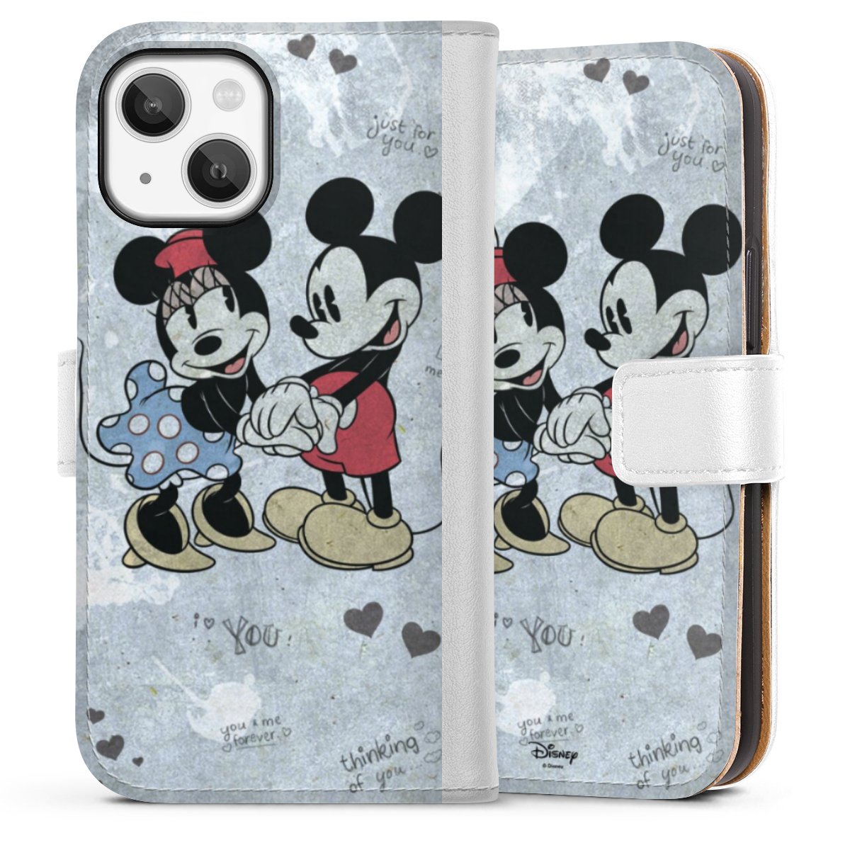 iPhone 13 Mini Handy Klapphülle Handyhülle aus Kunst Leder weiß Flip Case Mickey & Minnie Mouse Vintage Disney Sideflip mit Lasche