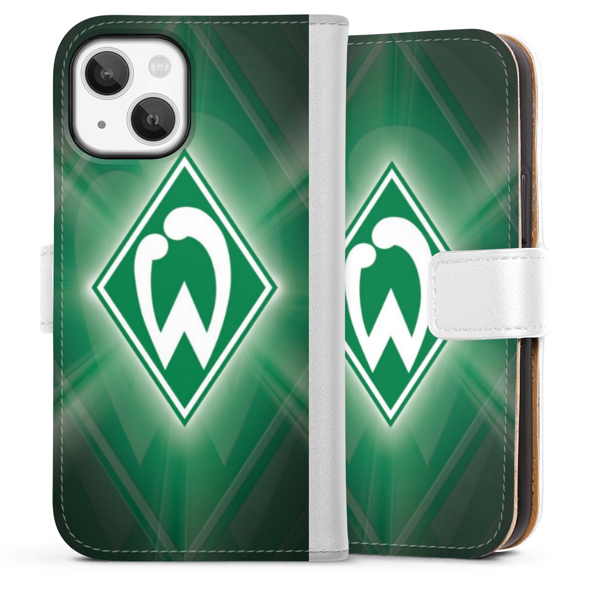 iPhone 13 Mini Handy Klapphülle Handyhülle aus Kunst Leder weiß Flip Case Sv Werder Bremen Official Licensed Product Coat Of Arms Sideflip mit Lasche