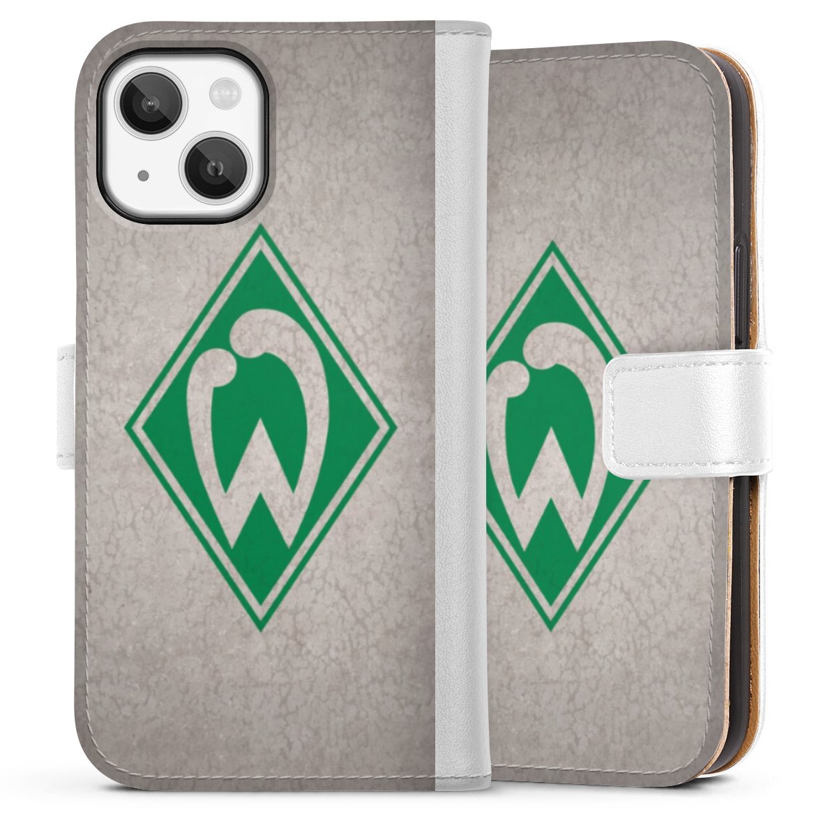 iPhone 13 Mini Handy Klapphülle Handyhülle aus Kunst Leder weiß Flip Case Sv Werder Bremen Concrete Official Licensed Product Sideflip mit Lasche