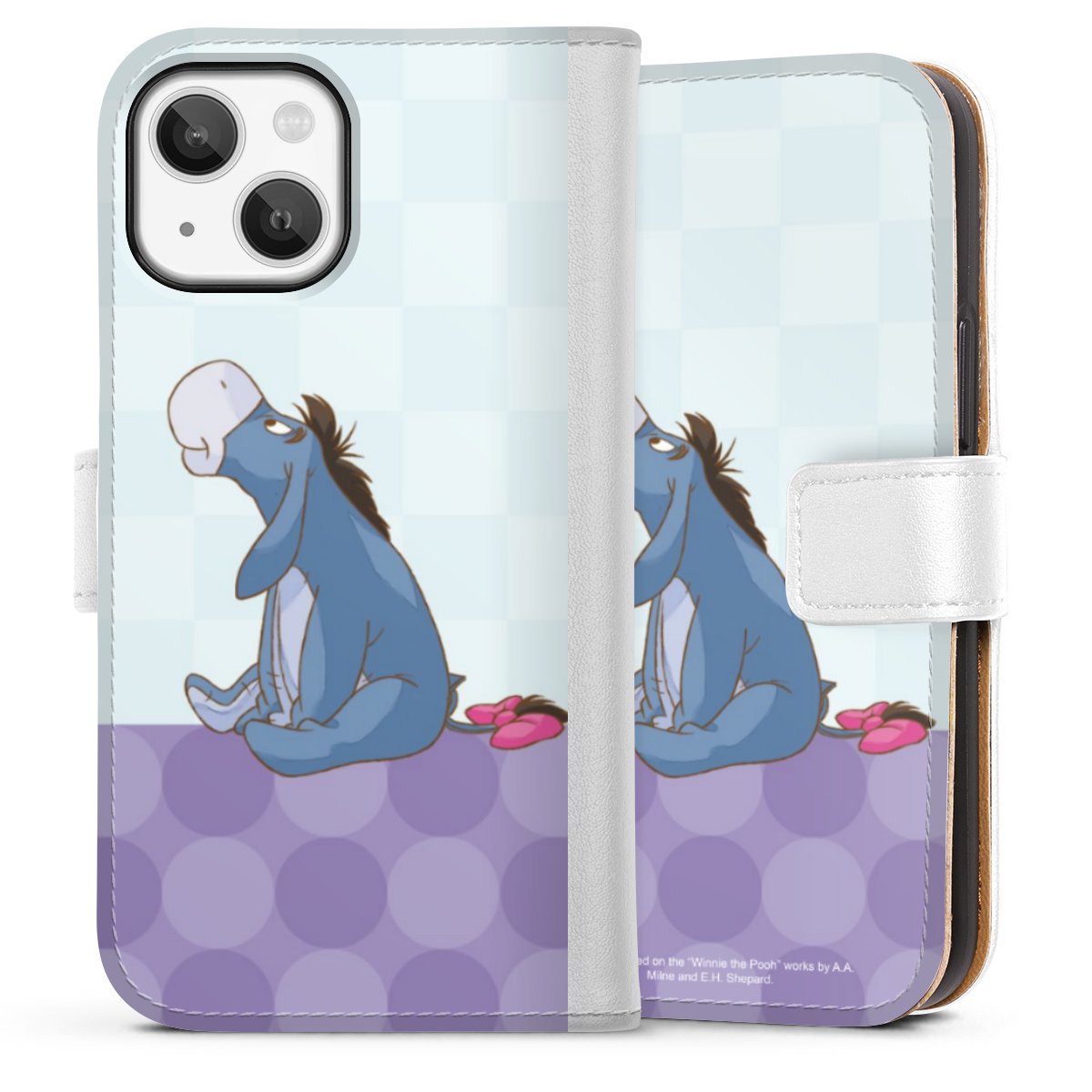 iPhone 13 Mini Handy Klapphülle Handyhülle aus Kunst Leder weiß Flip Case Disney Donkey Winnie The Pooh Sideflip mit Lasche