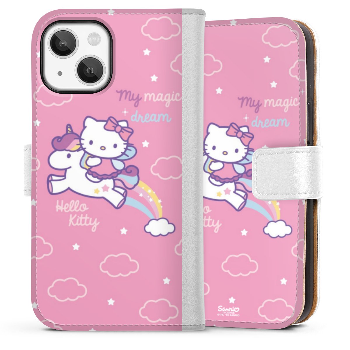 iPhone 13 Mini Handy Klapphülle Handyhülle aus Kunst Leder weiß Flip Case Einhorn Official Licensed Product Hello Kitty Sideflip mit Lasche