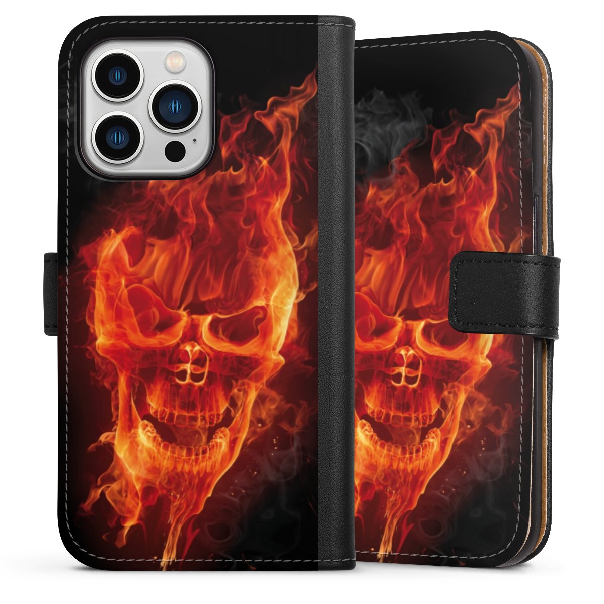 iPhone 13 Pro Handy Klapphülle Handyhülle aus Kunst Leder schwarz Flip Case Totenkopf Skull Fire Sideflip mit Lasche