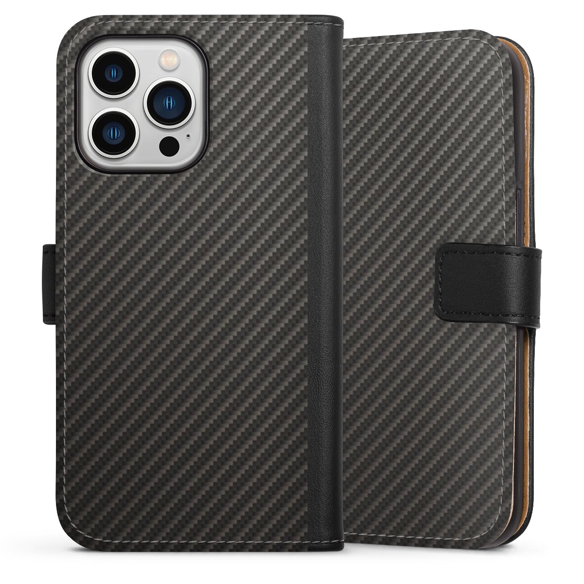 iPhone 13 Pro Handy Klapphülle Handyhülle aus Kunst Leder schwarz Flip Case Metallic Look Carbon Muster Sideflip mit Lasche