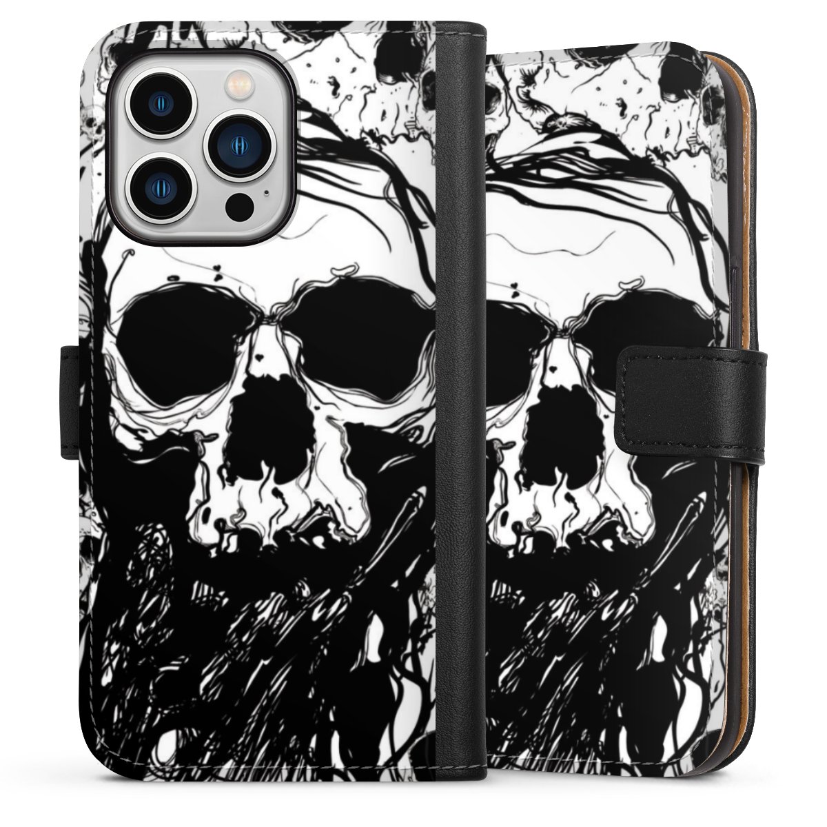 iPhone 13 Pro Handy Klapphülle Handyhülle aus Kunst Leder schwarz Flip Case Totenkopf Halloween Sideflip mit Lasche