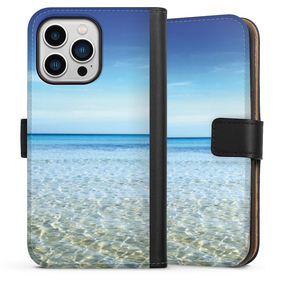 iPhone 13 Pro Handy Klapphülle Handyhülle aus Kunst Leder schwarz Flip Case Urlaub Sky Ocean Sideflip mit Lasche