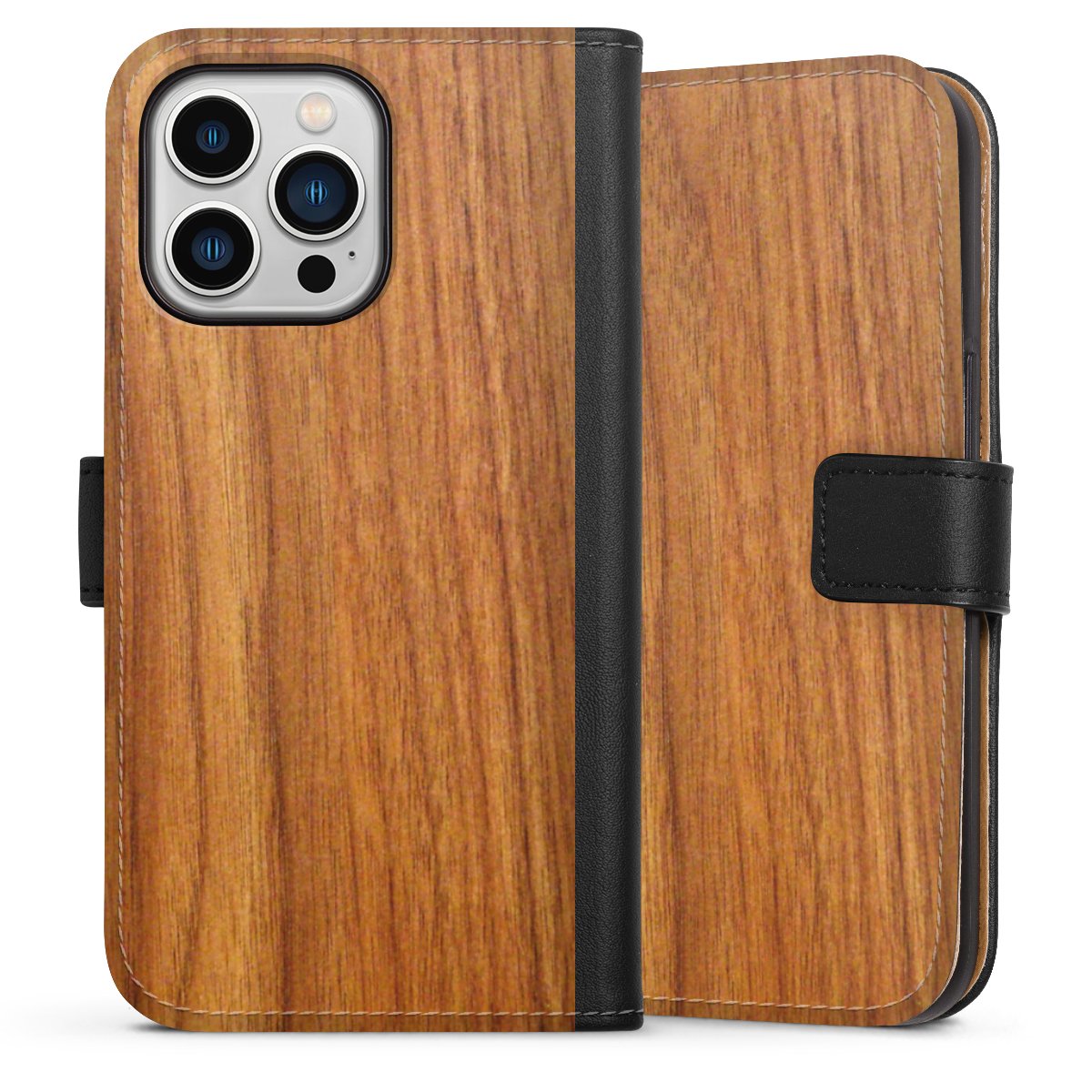 iPhone 13 Pro Handy Klapphülle Handyhülle aus Kunst Leder schwarz Flip Case Wood Larch Wooden Look Sideflip mit Lasche