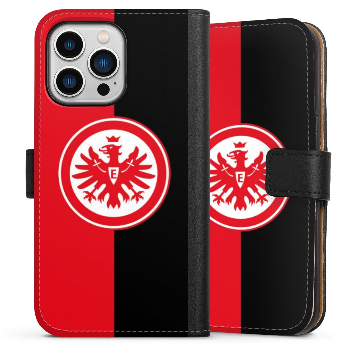 iPhone 13 Pro Handy Klapphülle Handyhülle aus Kunst Leder schwarz Flip Case Official Licensed Product Eintracht Frankfurt Sge Sideflip mit Lasche