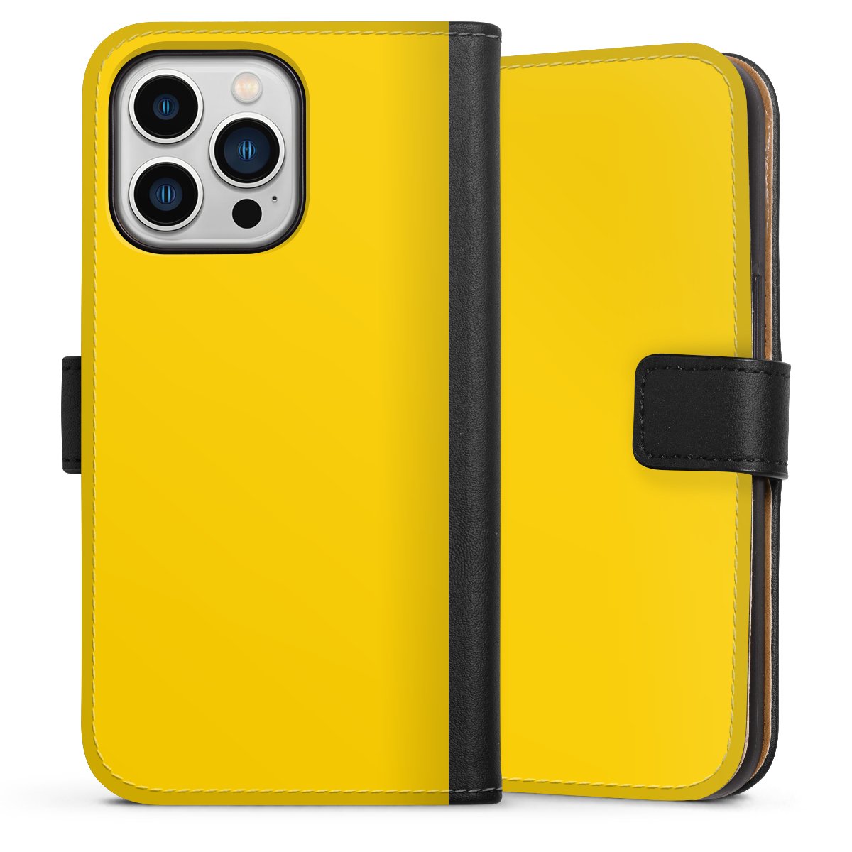 iPhone 13 Pro Handy Klapphülle Handyhülle aus Kunst Leder schwarz Flip Case Yellow Unicoloured Colour Sideflip mit Lasche