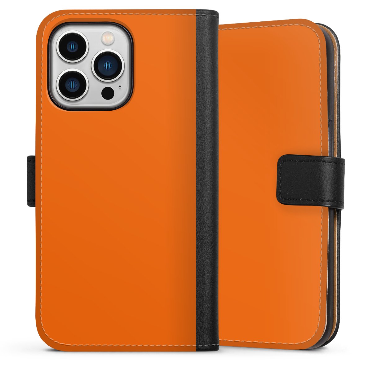 iPhone 13 Pro Handy Klapphülle Handyhülle aus Kunst Leder schwarz Flip Case Orange Colour Unicoloured Sideflip mit Lasche