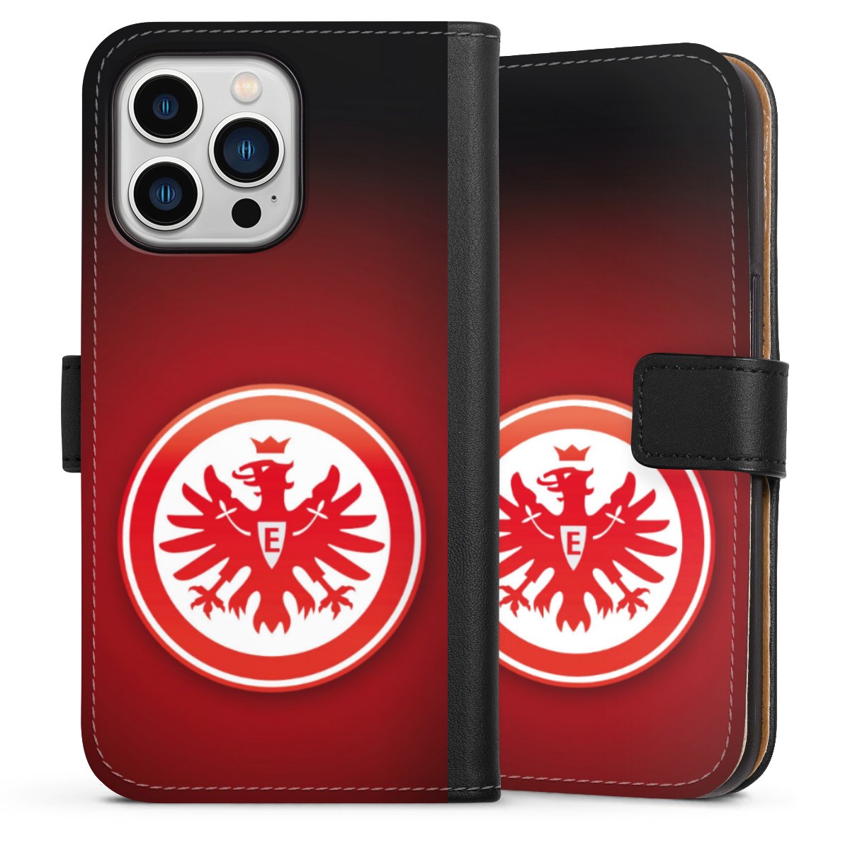 iPhone 13 Pro Handy Klapphülle Handyhülle aus Kunst Leder schwarz Flip Case Eintracht Frankfurt Official Licensed Product Coat Of Arms Sideflip mit Lasche