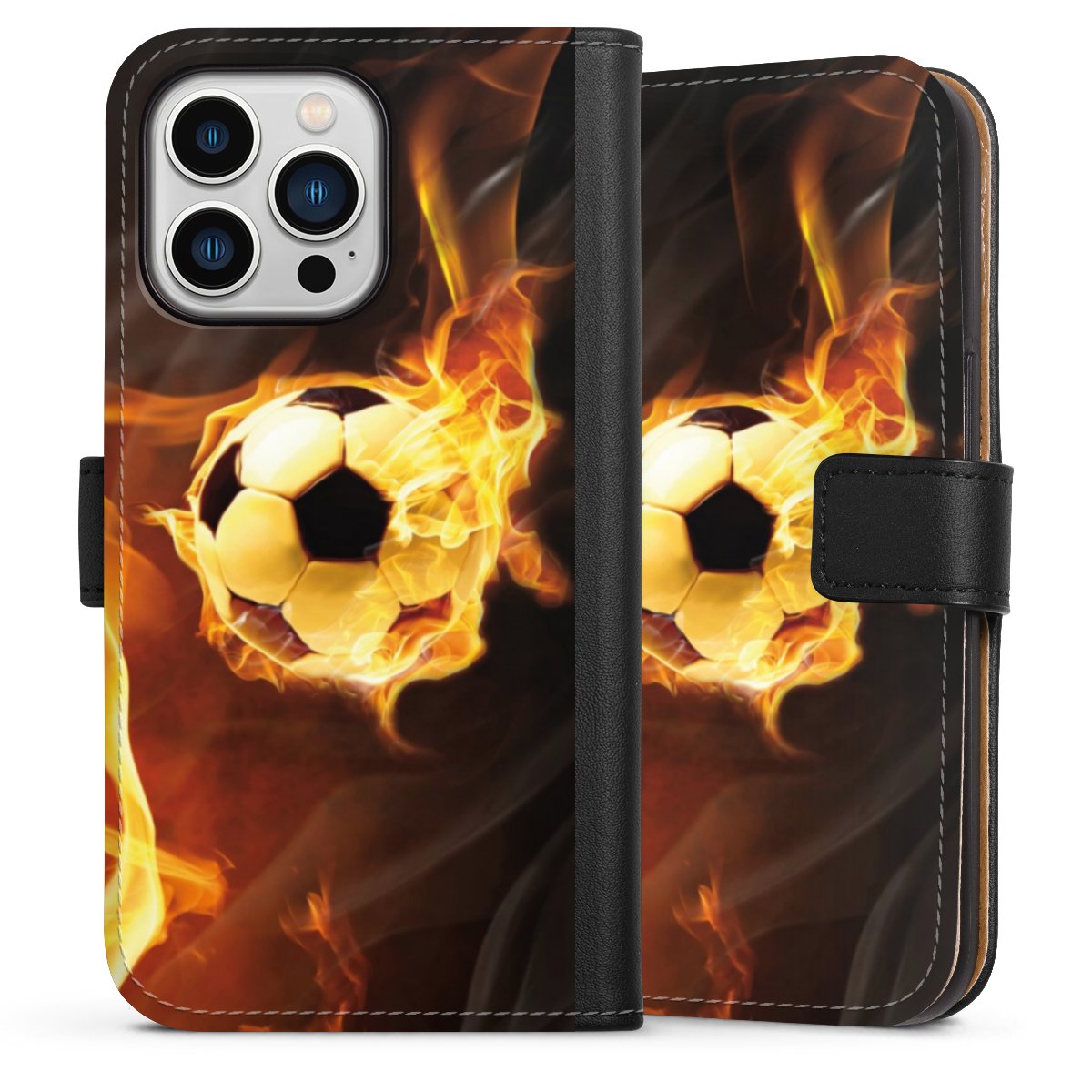 iPhone 13 Pro Handy Klapphülle Handyhülle aus Kunst Leder schwarz Flip Case Ball Fire Soccer Sideflip mit Lasche