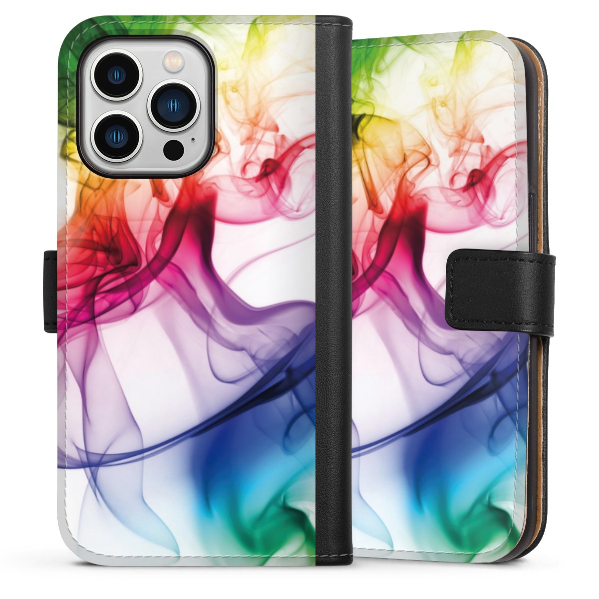 iPhone 13 Pro Handy Klapphülle Handyhülle aus Kunst Leder schwarz Flip Case Water Colour Rainbow Sideflip mit Lasche