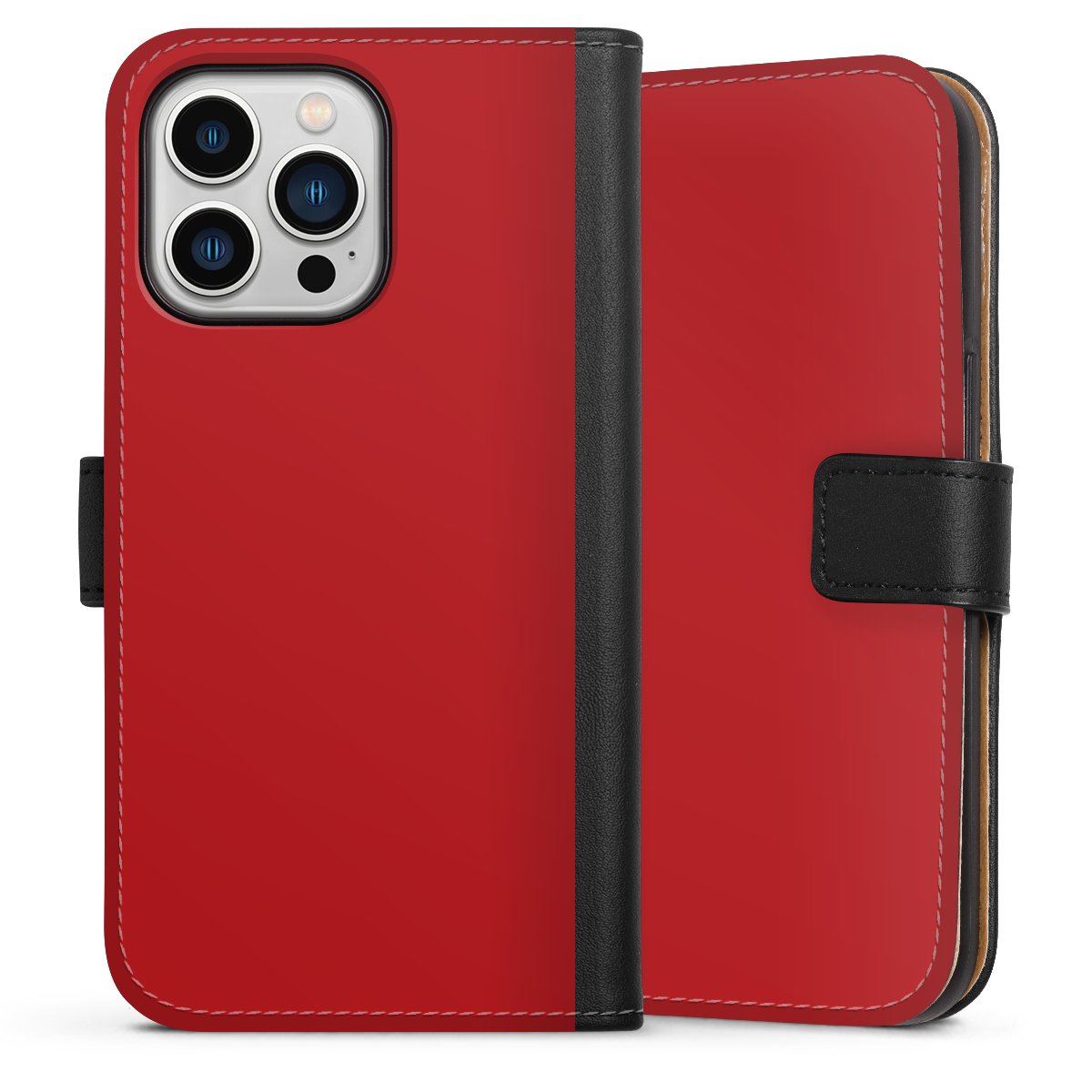 iPhone 13 Pro Handy Klapphülle Handyhülle aus Kunst Leder schwarz Flip Case Colour Unicoloured Red Sideflip mit Lasche