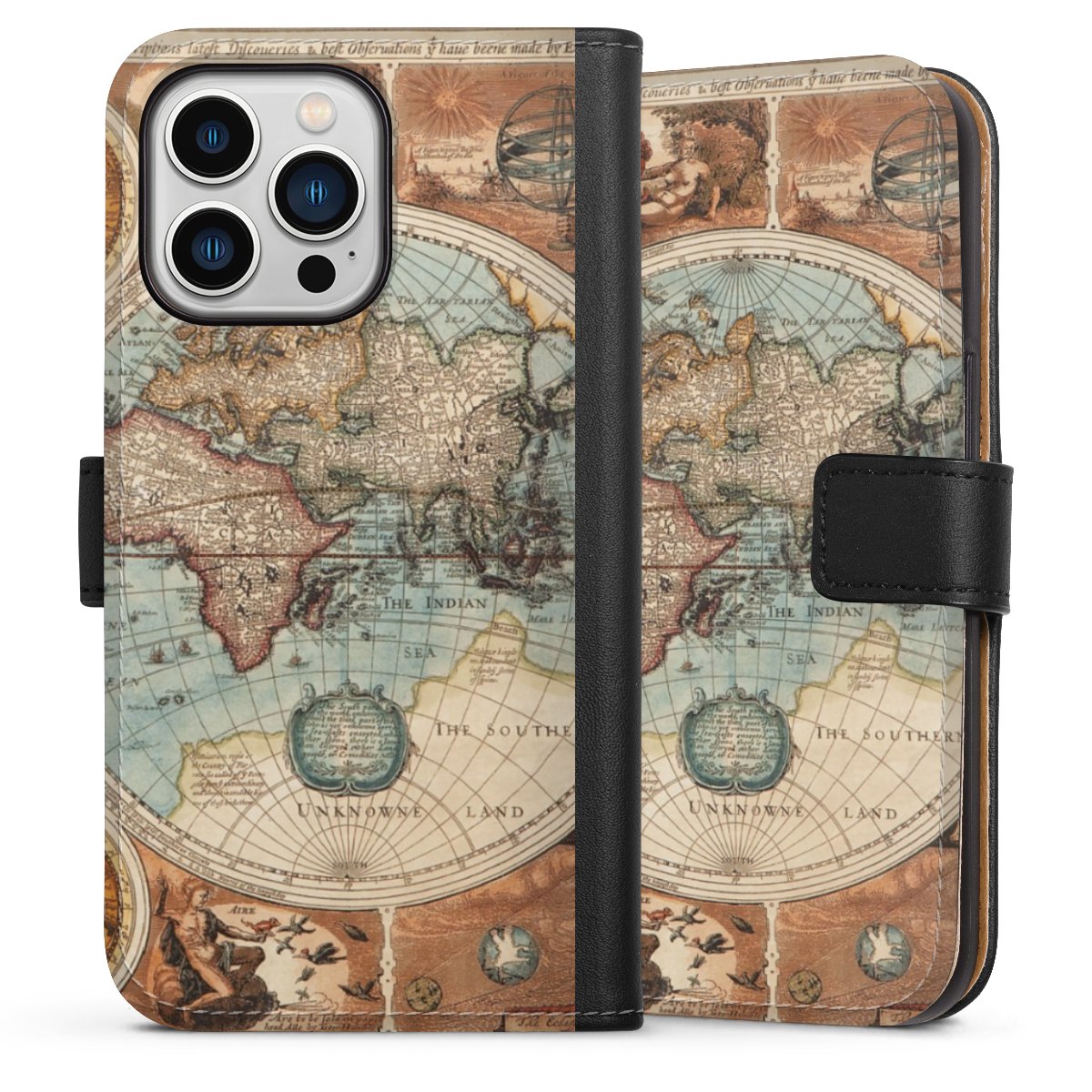 iPhone 13 Pro Handy Klapphülle Handyhülle aus Kunst Leder schwarz Flip Case World Map Vintage Map Sideflip mit Lasche