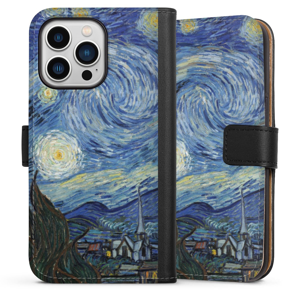 iPhone 13 Pro Handy Klapphülle Handyhülle aus Kunst Leder schwarz Flip Case The Starry Night Kunst Vincent Van Gogh Sideflip mit Lasche