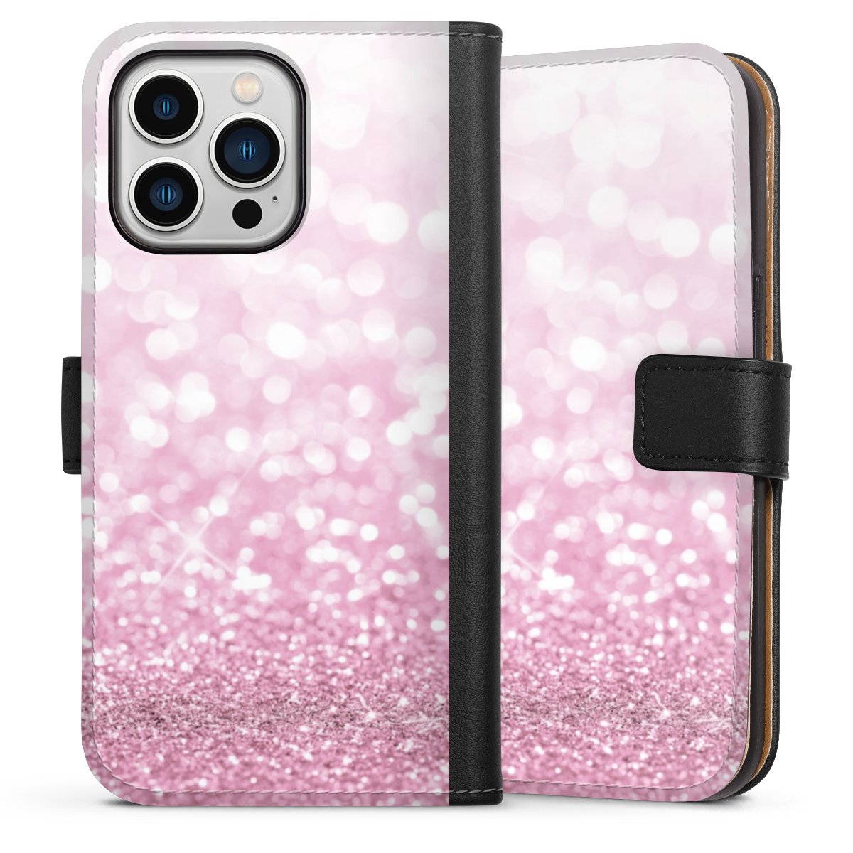 iPhone 13 Pro Handy Klapphülle Handyhülle aus Kunst Leder schwarz Flip Case Glitzer Pink Shine Sideflip mit Lasche