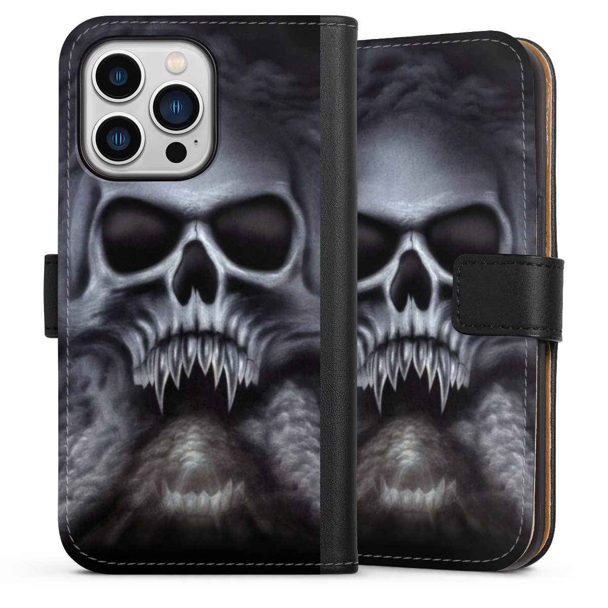 iPhone 13 Pro Handy Klapphülle Handyhülle aus Kunst Leder schwarz Flip Case Totenkopf Skull Sideflip mit Lasche