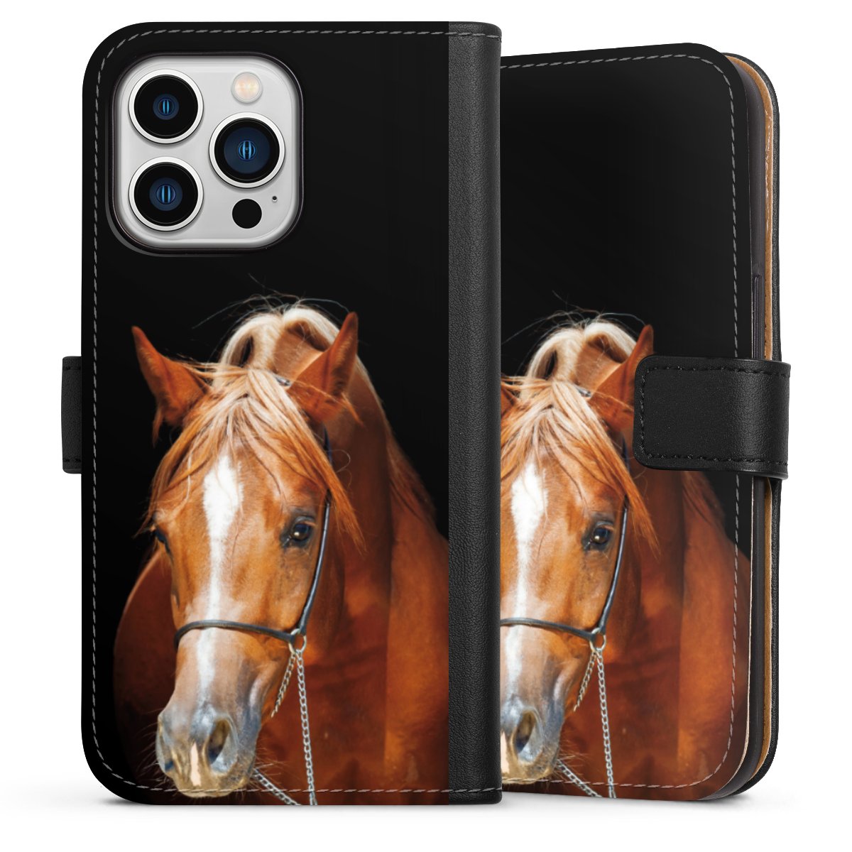 iPhone 13 Pro Handy Klapphülle Handyhülle aus Kunst Leder schwarz Flip Case Mare Horse Hobby Sideflip mit Lasche