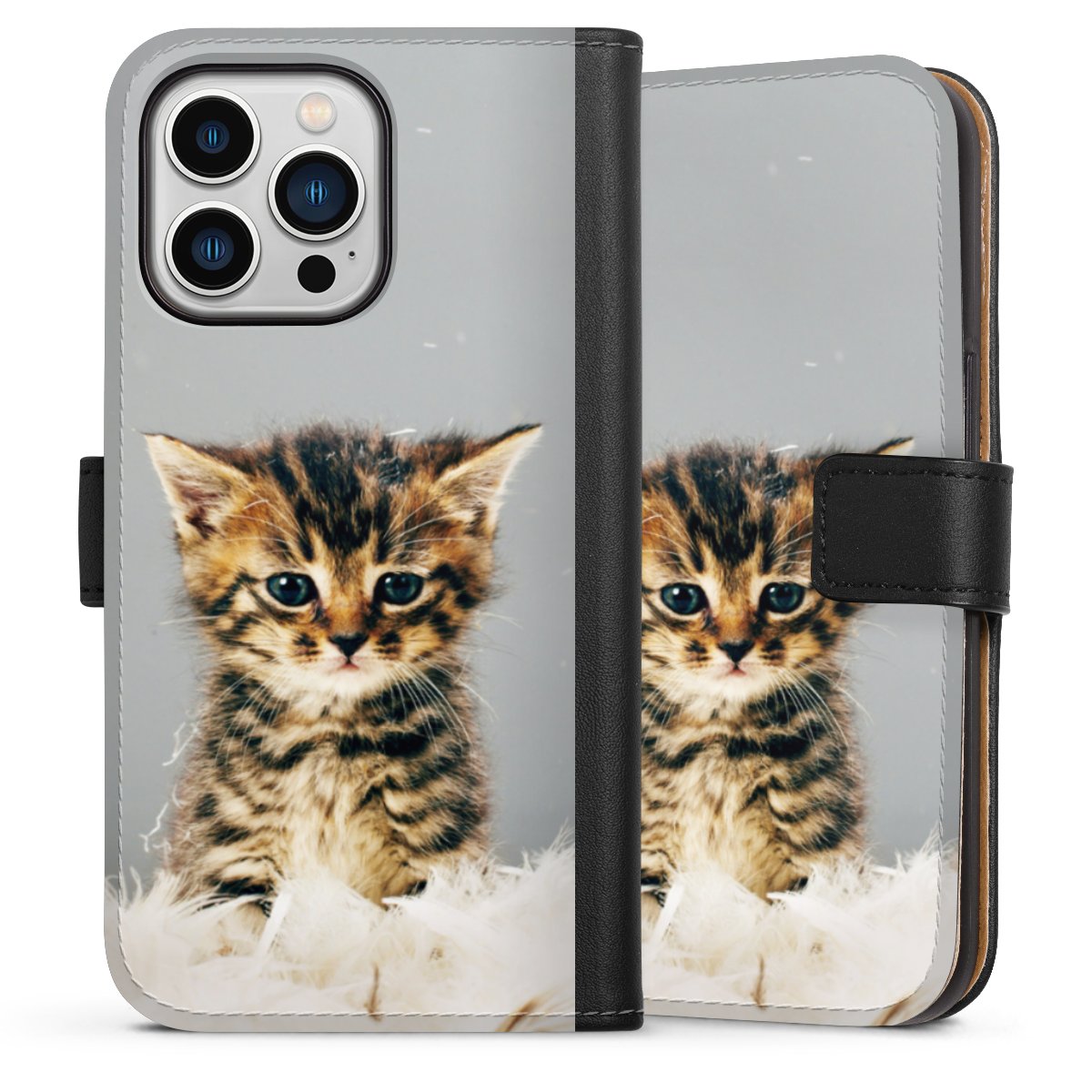 iPhone 13 Pro Handy Klapphülle Handyhülle aus Kunst Leder schwarz Flip Case Cat Feather Pet Sideflip mit Lasche