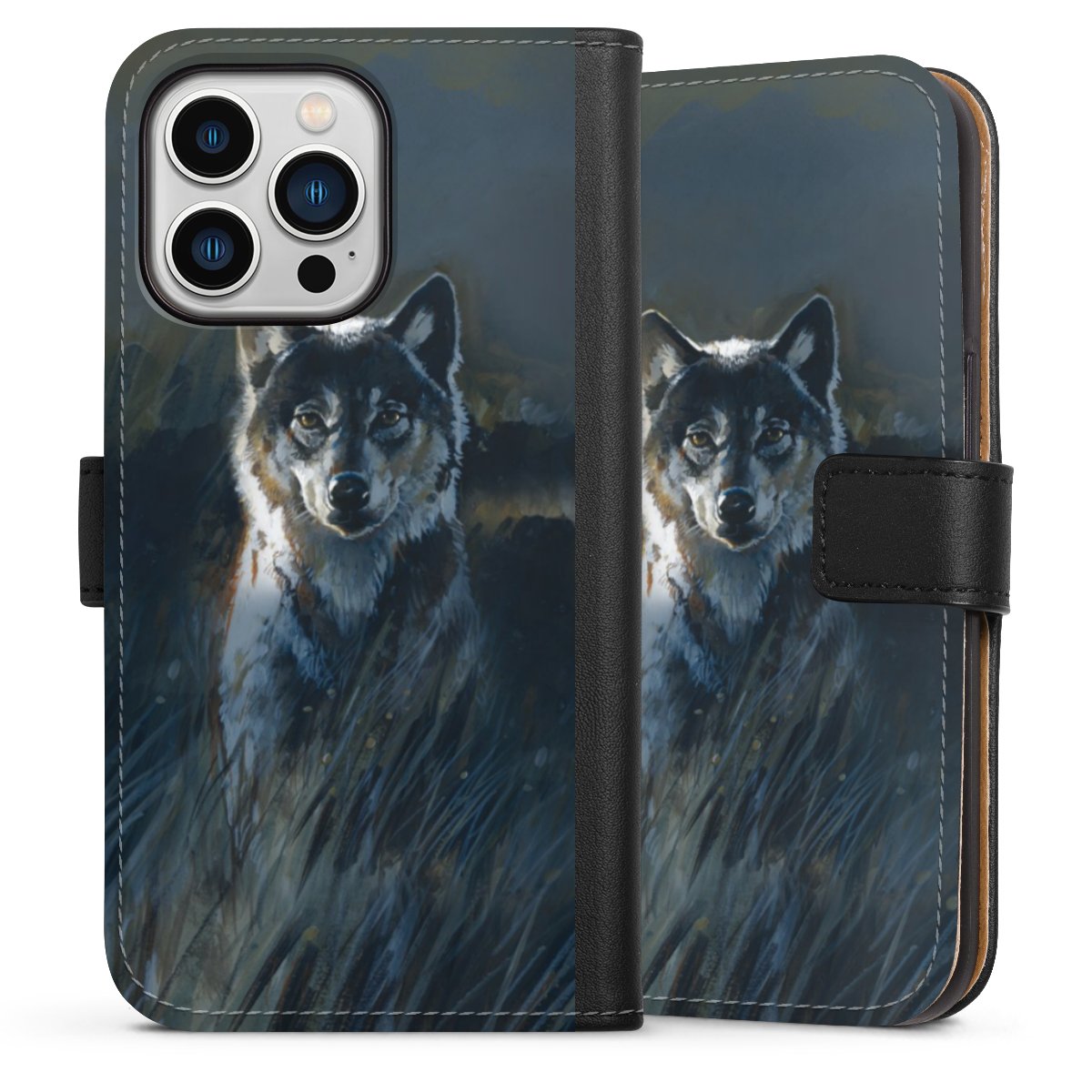 iPhone 13 Pro Handy Klapphülle Handyhülle aus Kunst Leder schwarz Flip Case Nature Wolf Painting Sideflip mit Lasche