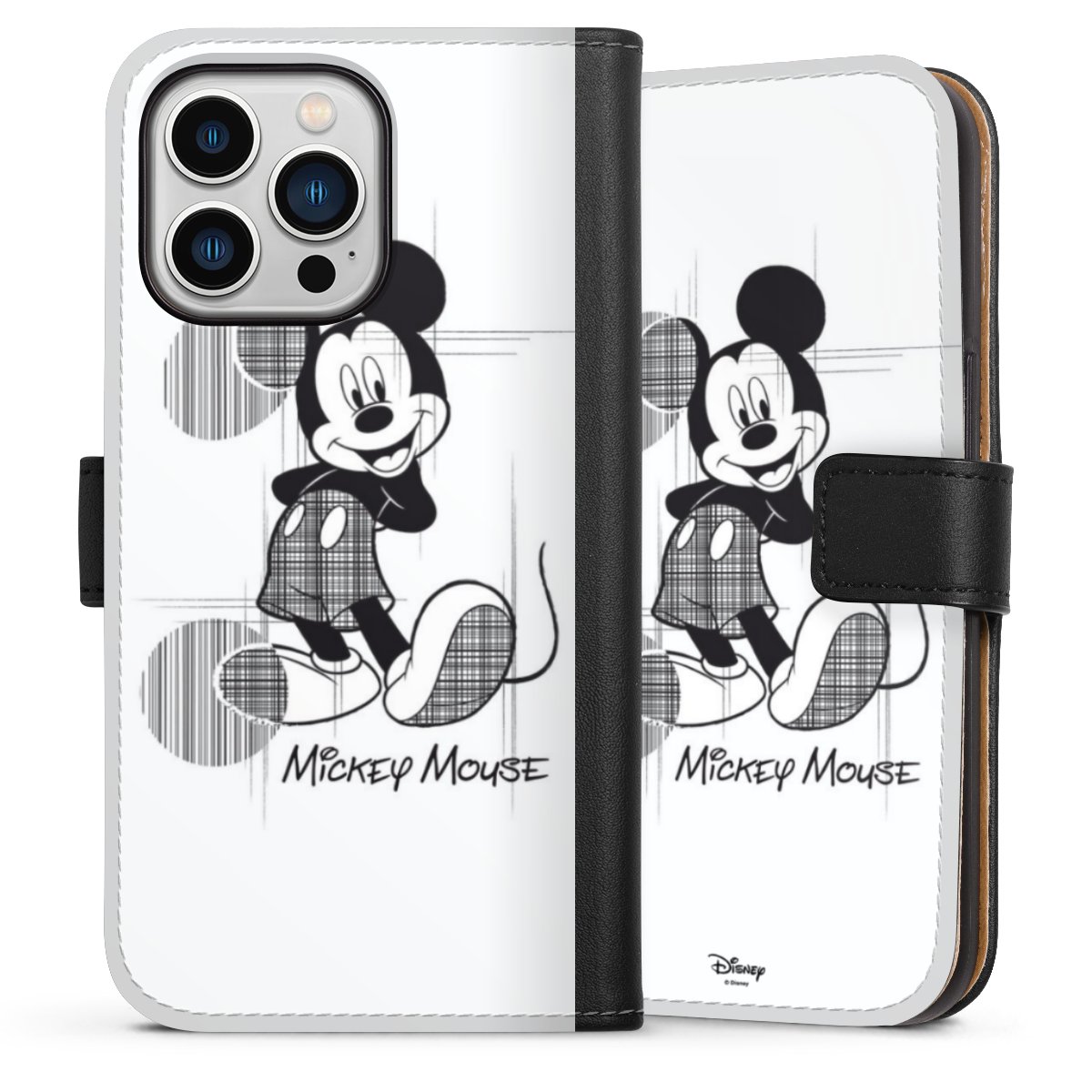 iPhone 13 Pro Handy Klapphülle Handyhülle aus Kunst Leder schwarz Flip Case Disney Official Licensed Product Mickey Mouse Sideflip mit Lasche