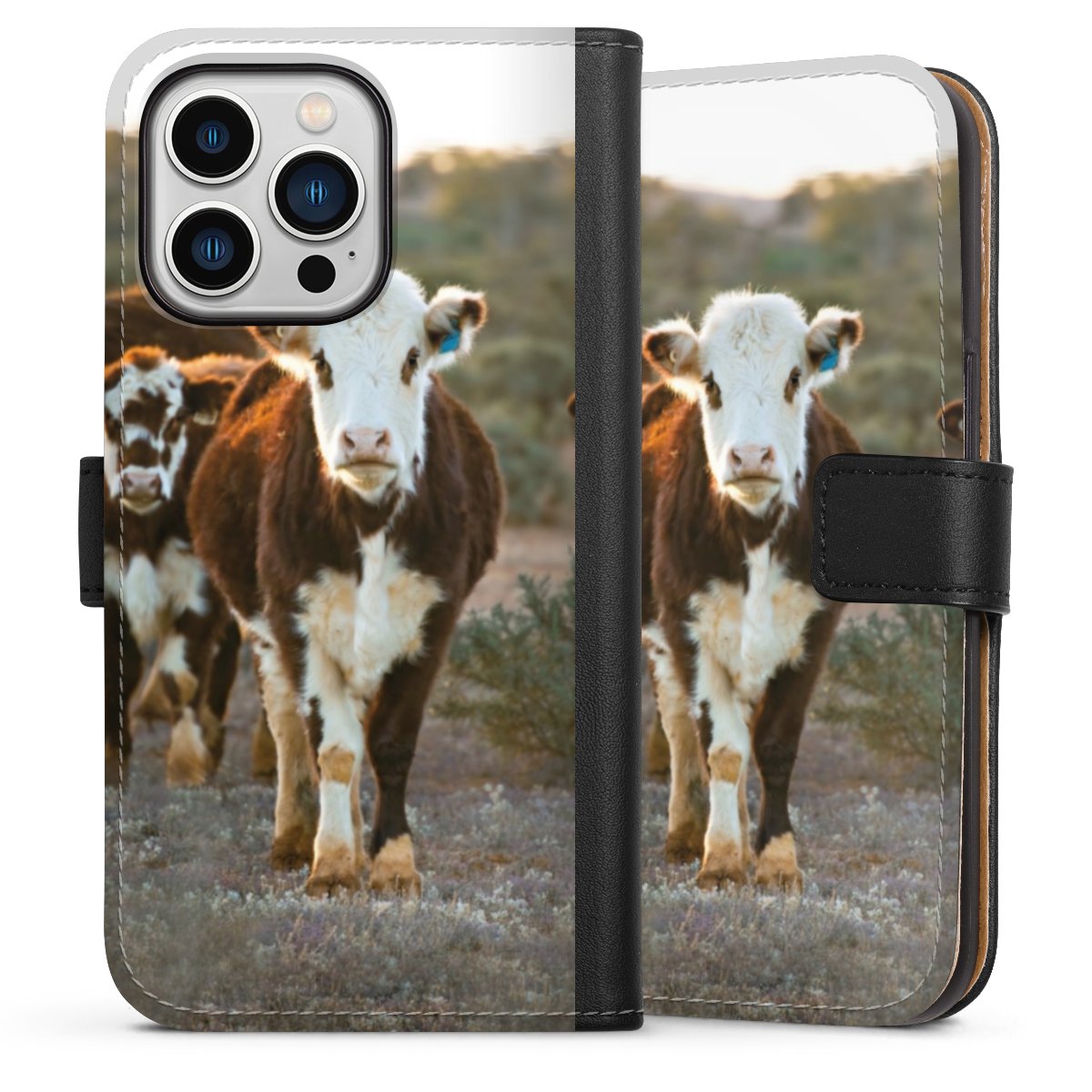 iPhone 13 Pro Handy Klapphülle Handyhülle aus Kunst Leder schwarz Flip Case Cow Farmer Calf Sideflip mit Lasche