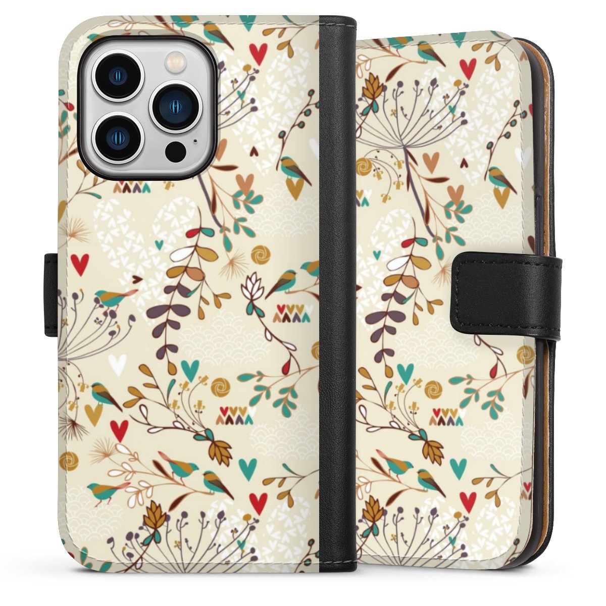 iPhone 13 Pro Handy Klapphülle Handyhülle aus Kunst Leder schwarz Flip Case Bird Flowers Retro Sideflip mit Lasche