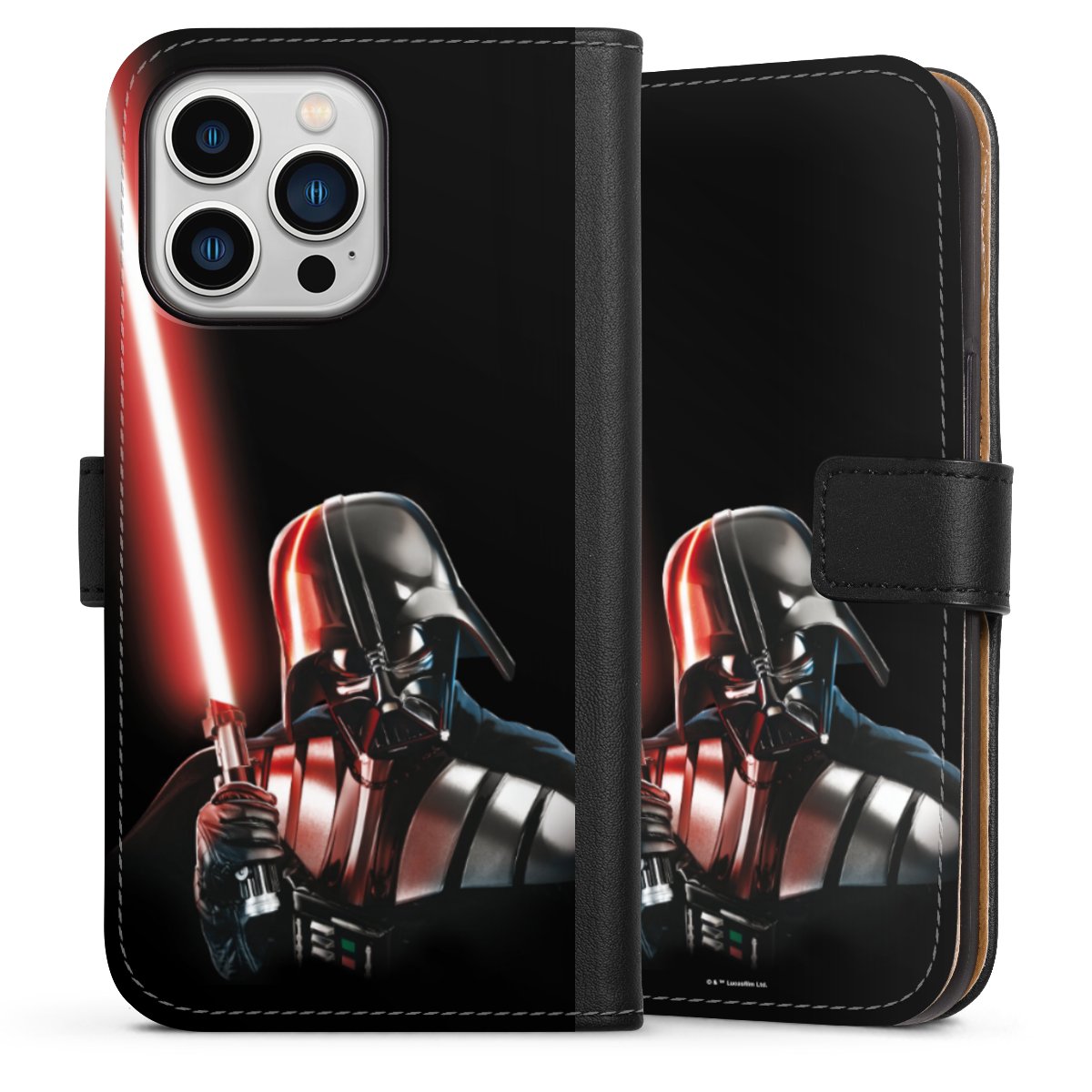 iPhone 13 Pro Handy Klapphülle Handyhülle aus Kunst Leder schwarz Flip Case Star Wars Merchandise Darth Vader Sideflip mit Lasche