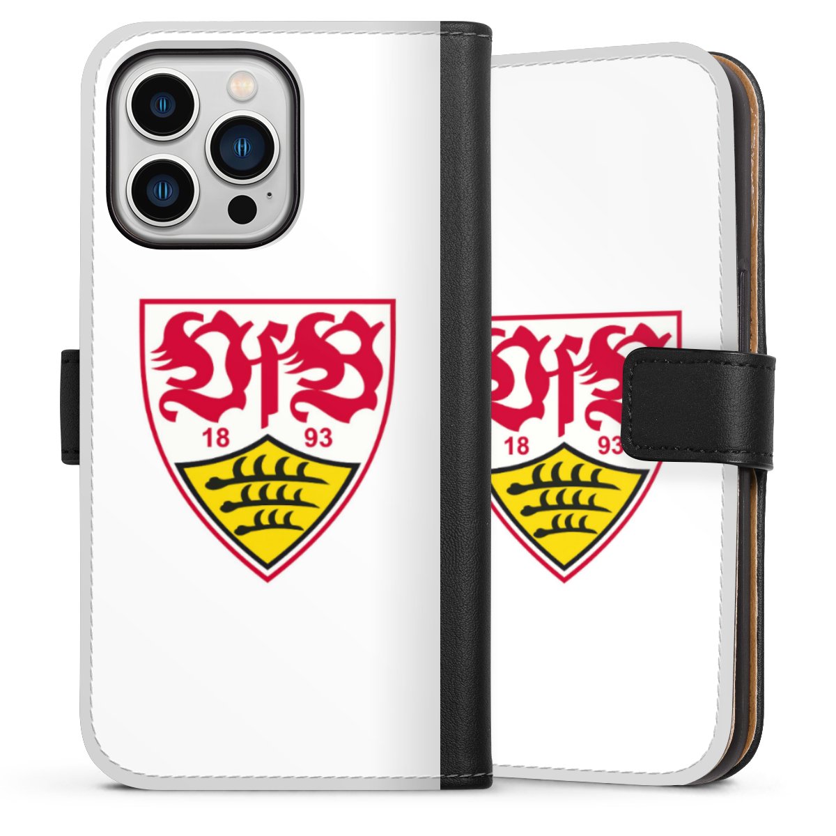 iPhone 13 Pro Handy Klapphülle Handyhülle aus Kunst Leder schwarz Flip Case Logo Official Licensed Product Vfb Stuttgart Sideflip mit Lasche