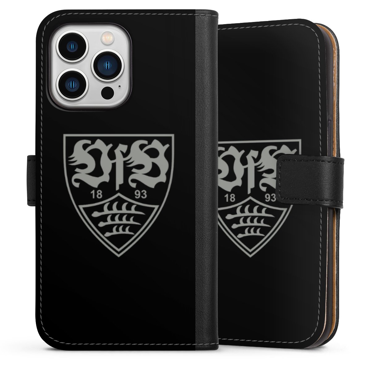 iPhone 13 Pro Handy Klapphülle Handyhülle aus Kunst Leder schwarz Flip Case Official Licensed Product Vfb Stuttgart Sideflip mit Lasche