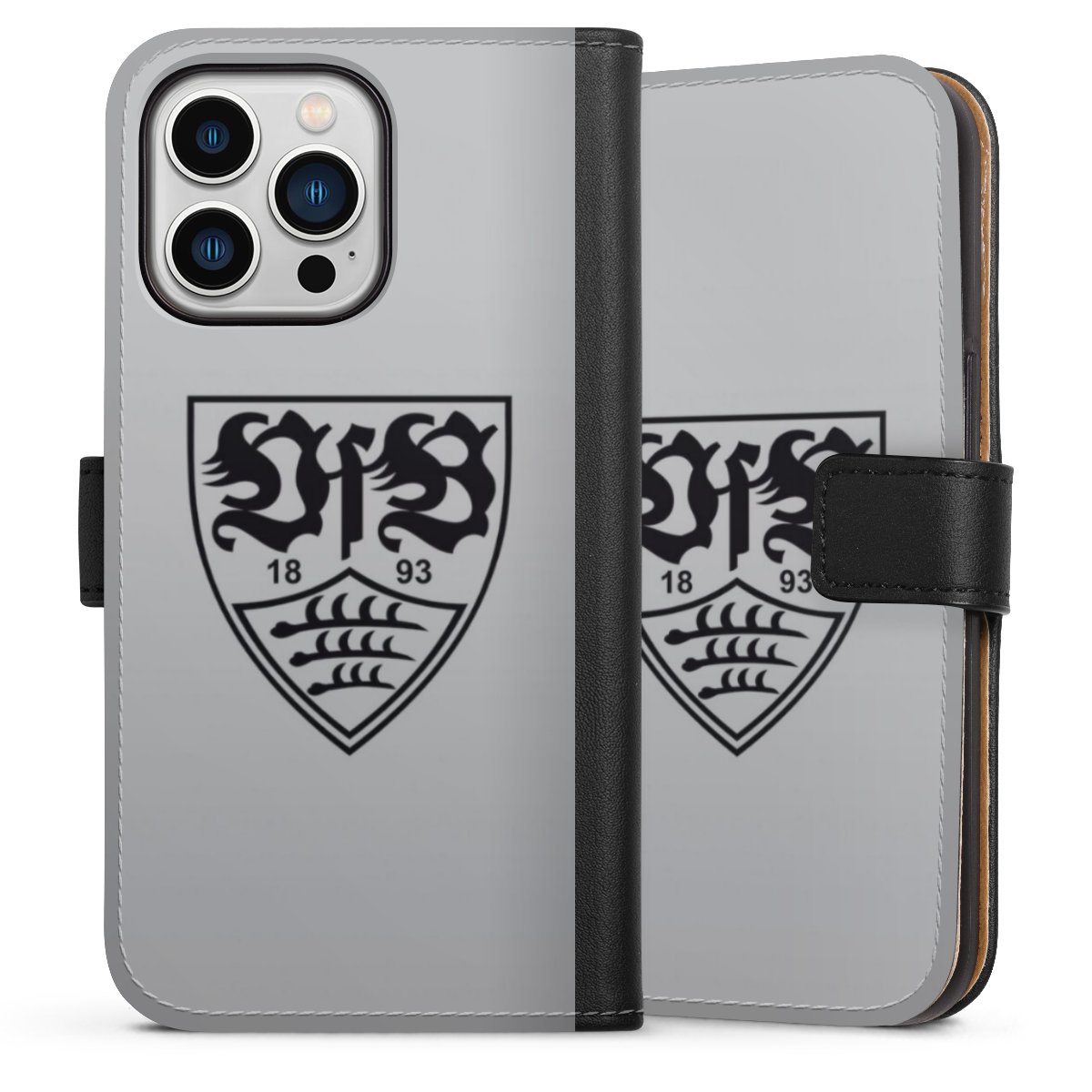 iPhone 13 Pro Handy Klapphülle Handyhülle aus Kunst Leder schwarz Flip Case Logo Vfb Stuttgart Official Licensed Product Sideflip mit Lasche