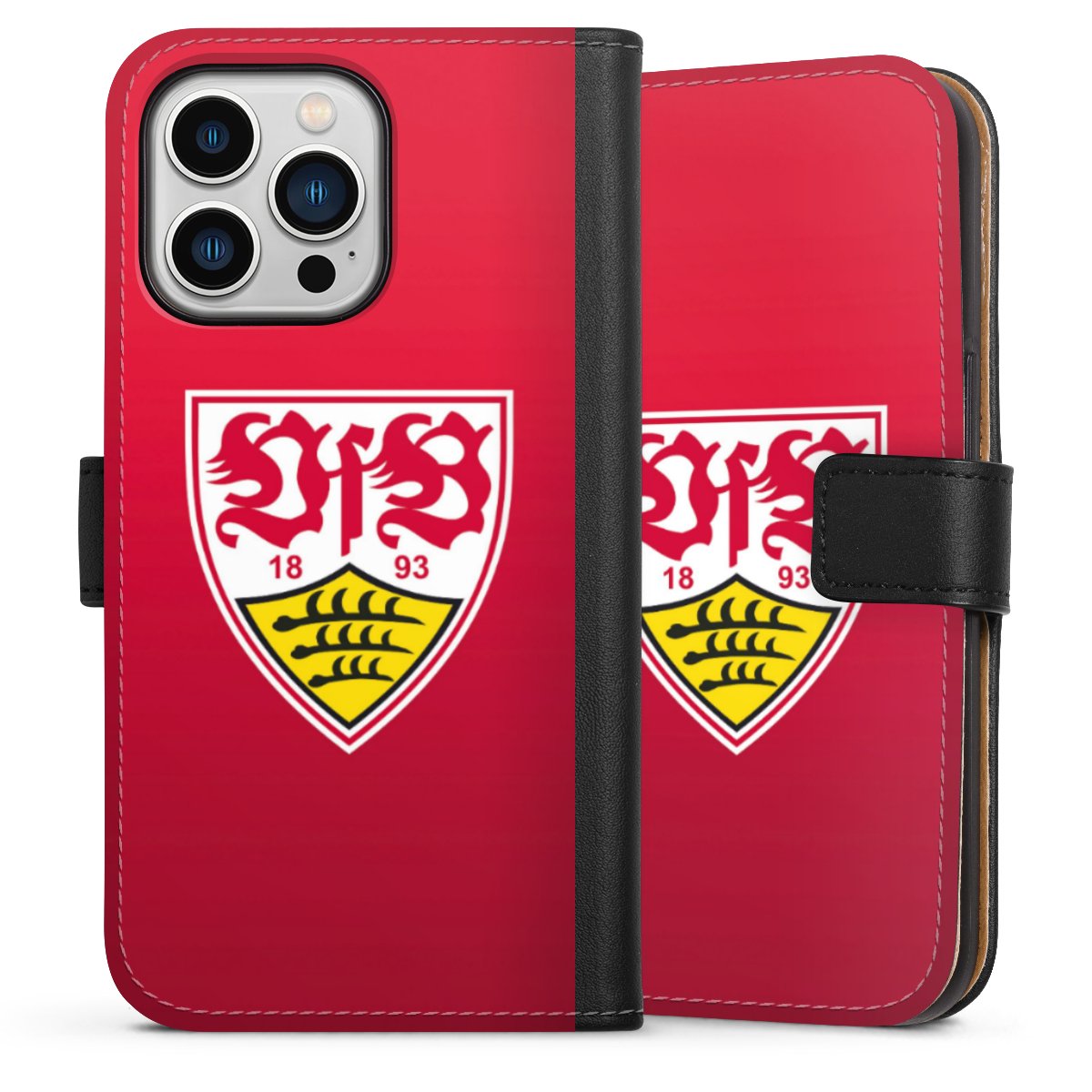 iPhone 13 Pro Handy Klapphülle Handyhülle aus Kunst Leder schwarz Flip Case Official Licensed Product Vfb Stuttgart Sideflip mit Lasche