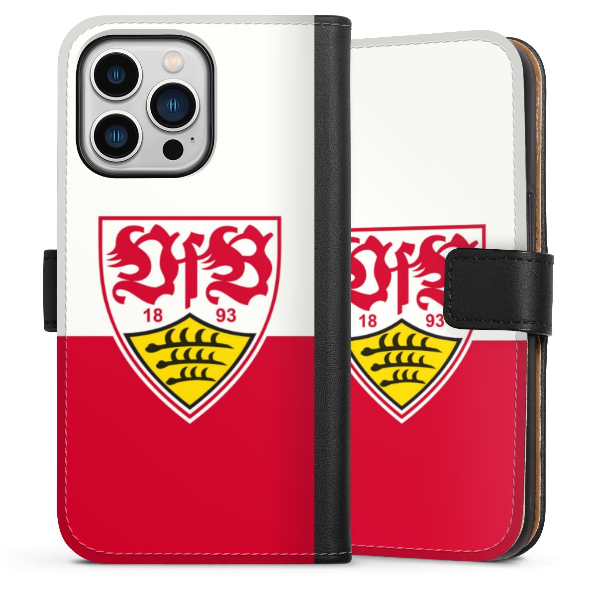 iPhone 13 Pro Handy Klapphülle Handyhülle aus Kunst Leder schwarz Flip Case Official Licensed Product Logo Vfb Stuttgart Sideflip mit Lasche