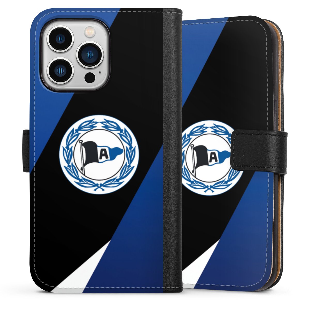 iPhone 13 Pro Handy Klapphülle Handyhülle aus Kunst Leder schwarz Flip Case Official Licensed Product Arminia Bielefeld Dsc Sideflip mit Lasche