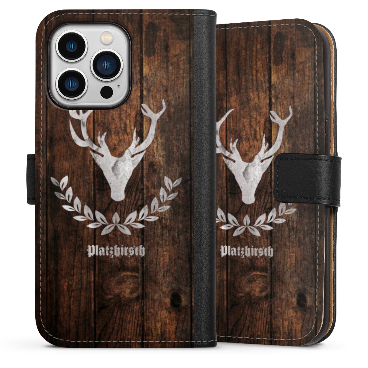 iPhone 13 Pro Handy Klapphülle Handyhülle aus Kunst Leder schwarz Flip Case Deer Wood Wooden Look Sideflip mit Lasche