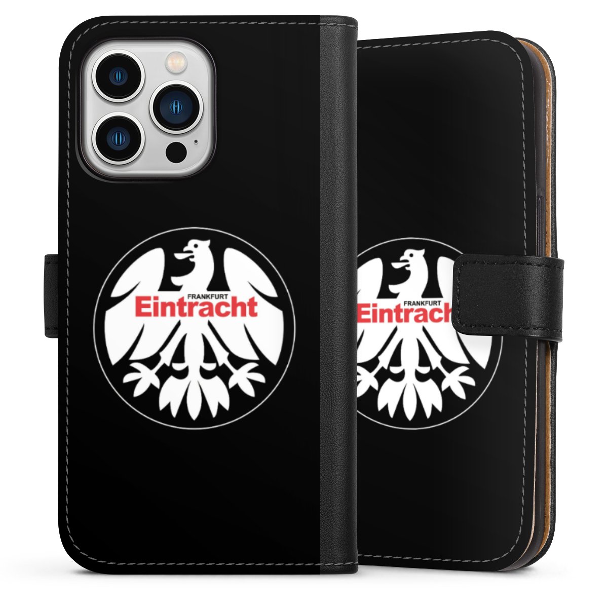 iPhone 13 Pro Handy Klapphülle Handyhülle aus Kunst Leder schwarz Flip Case Official Licensed Product Eintracht Frankfurt Sge Sideflip mit Lasche