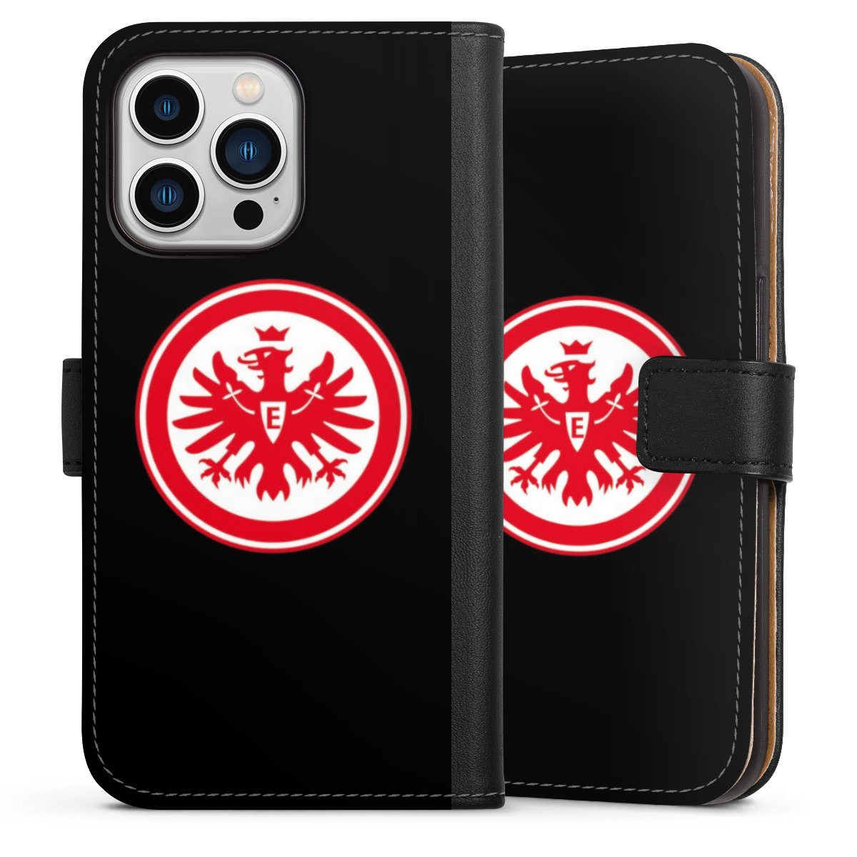 iPhone 13 Pro Handy Klapphülle Handyhülle aus Kunst Leder schwarz Flip Case Eintracht Frankfurt Sge Eagle Sideflip mit Lasche