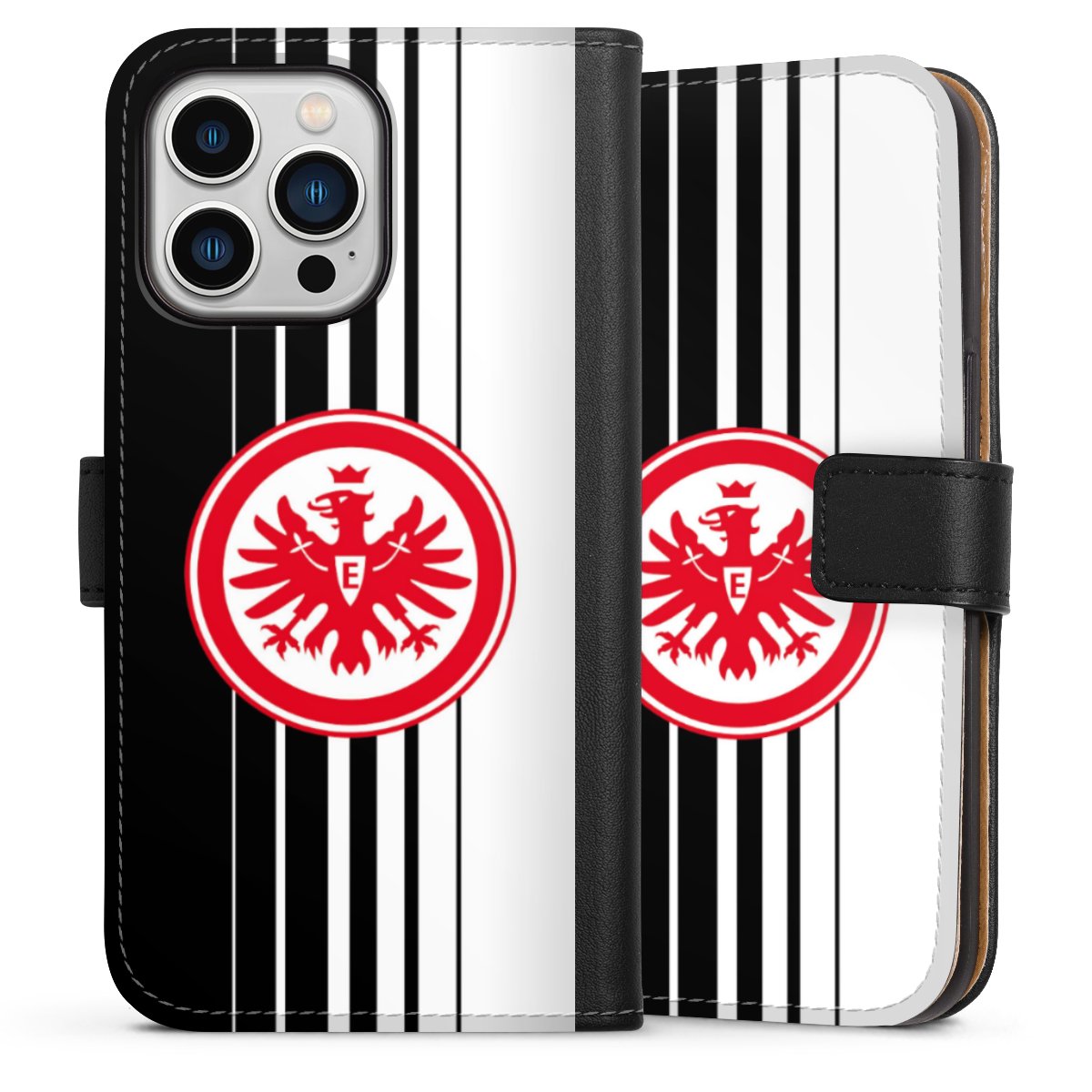 iPhone 13 Pro Handy Klapphülle Handyhülle aus Kunst Leder schwarz Flip Case Stripes Eintracht Frankfurt Official Licensed Product Sideflip mit Lasche