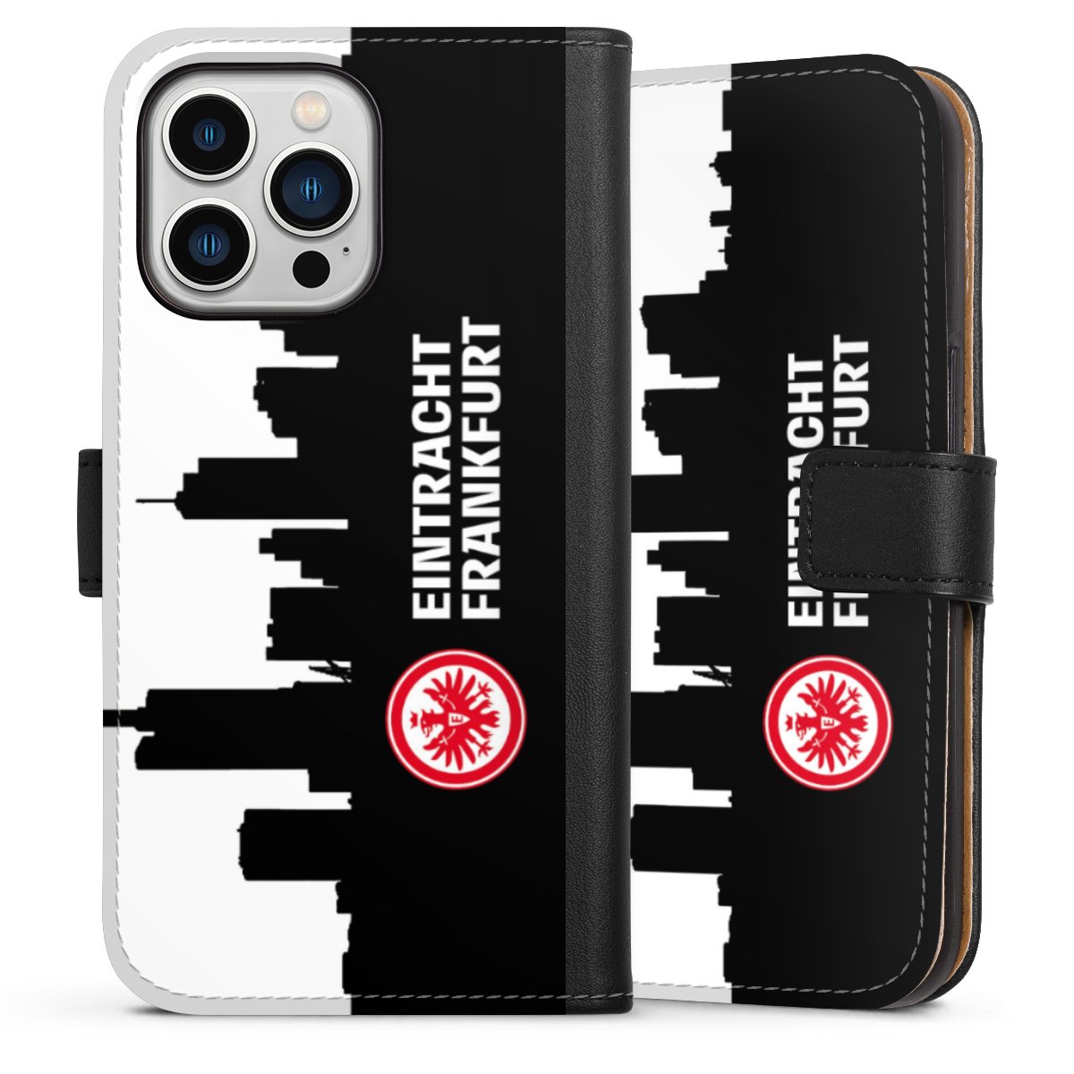 iPhone 13 Pro Handy Klapphülle Handyhülle aus Kunst Leder schwarz Flip Case Sge Eintracht Frankfurt Official Licensed Product Sideflip mit Lasche