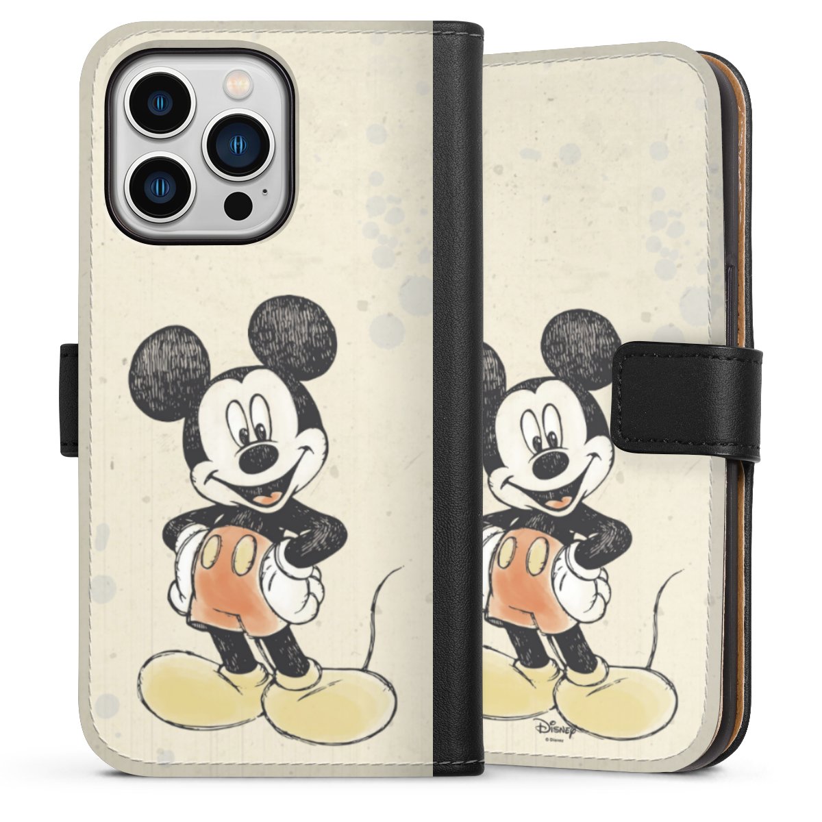 iPhone 13 Pro Handy Klapphülle Handyhülle aus Kunst Leder schwarz Flip Case Water Colour Mickey & Minnie Mouse Official Licensed Product Sideflip mit Lasche